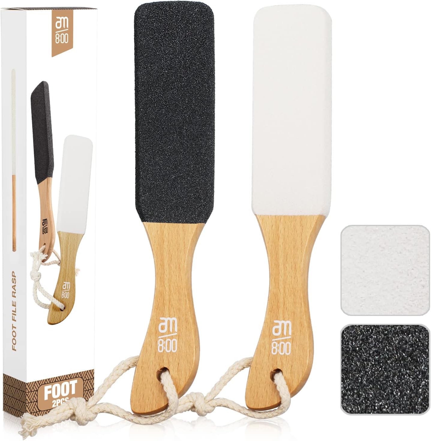 AM 8:00Pumice Stone Foot File, 2 Pack Callus Remover (coarse/fine) for Feet with Wooden Handle, Pedicure Foot Scrubber to Remove Dead Skin, Dry, Rough