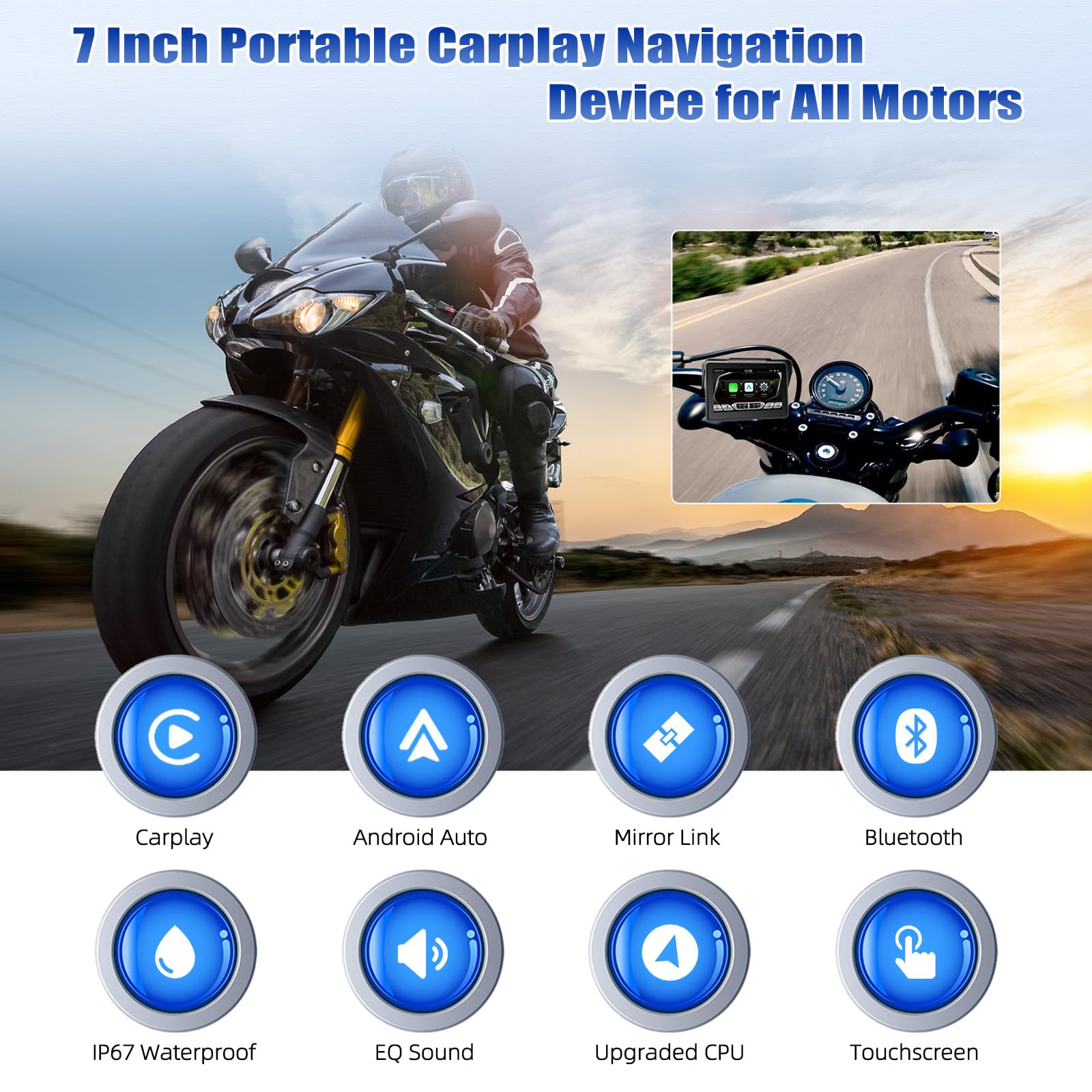 [2026] CAMECHO Senza Fili Carplay per Moto, 7 Pollici HD Schermo IP67 Impermeabile Navigatore con Touchscreen, Android Auto Bluetooth Airplay Android Cast, Supporto Siri/G-oogle Assistant