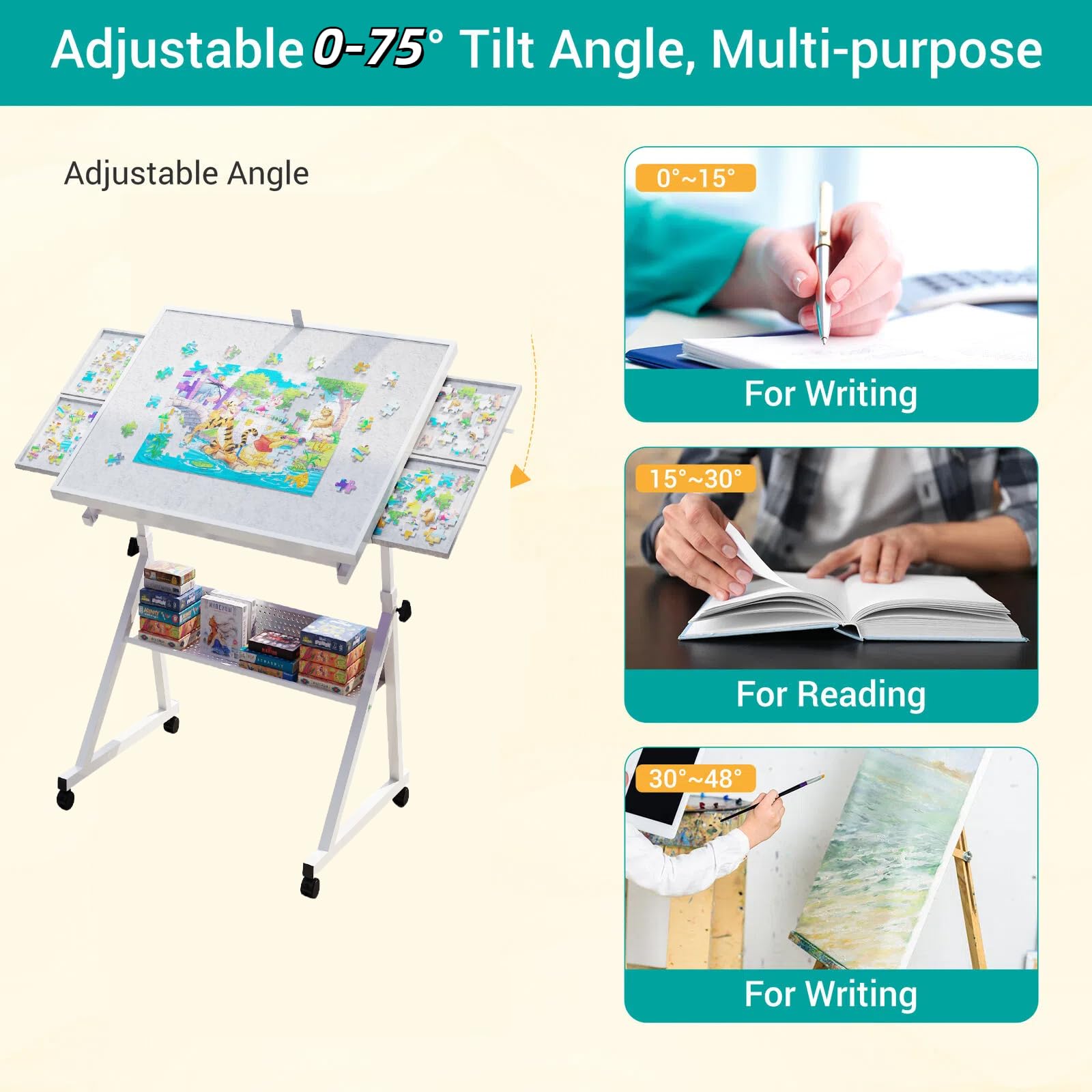 NOIBAD 1500 Piece Jigsaw Puzzle Table with 4 Storage Drawers - Adjustable Height & Angle Metal Puzzle Board for Adults, Portable Craft Desk with Locking Wheels