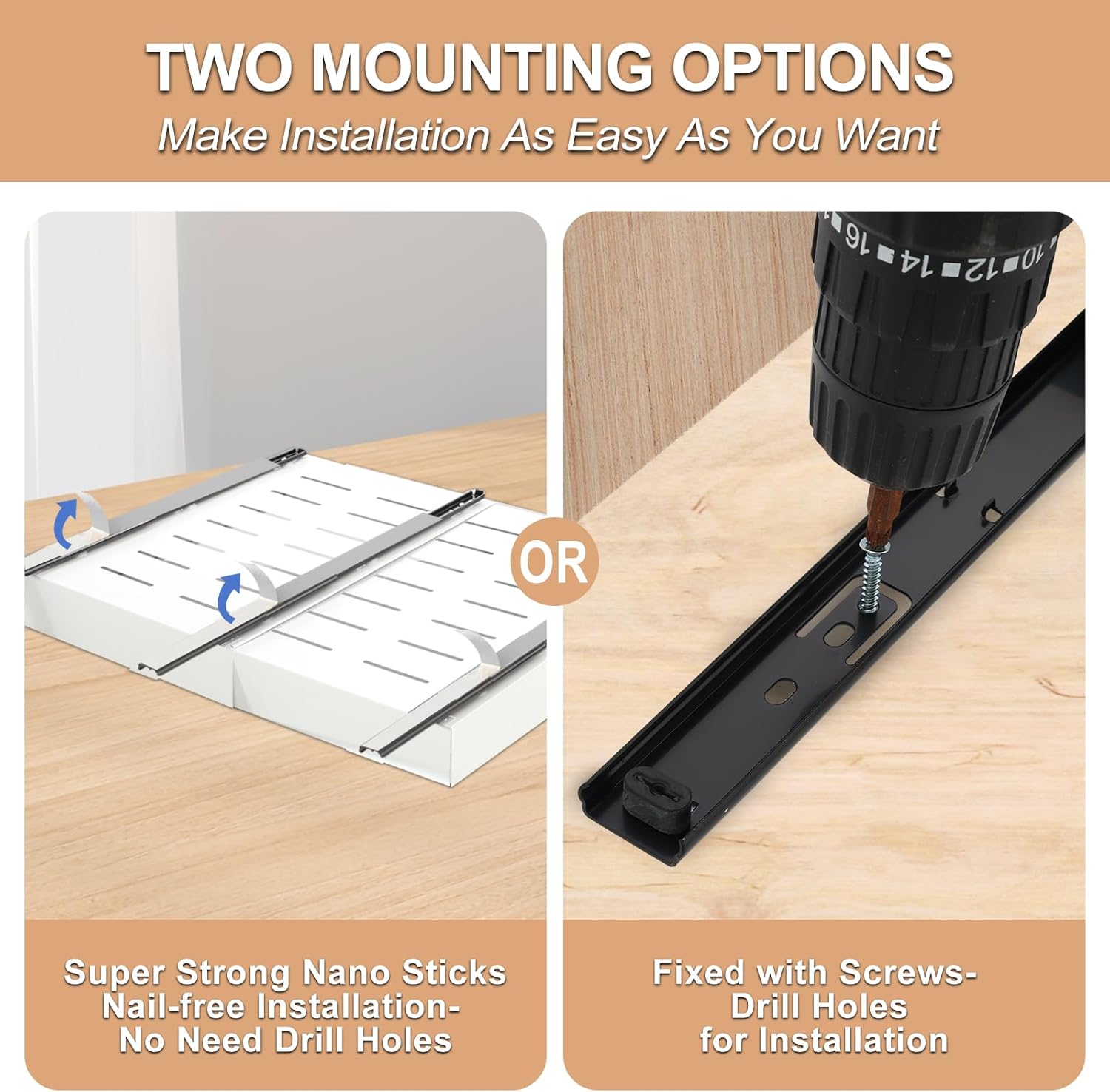 No Drill Pull Out Drawers for Cabinets (12.6"-20.5"), Expandable Slide Out Drawers with Adhesive Nano Strip, Stick On Deep Pull Out Cabinet Organizer Storage Carbon Steel for Kitchen Pantry