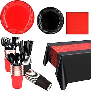 122 pcs red and black plates and napkins party supplies black and red tableware set disposable paper plates napkins cups cutlery spoons tablecloth for red birthday plates table decors