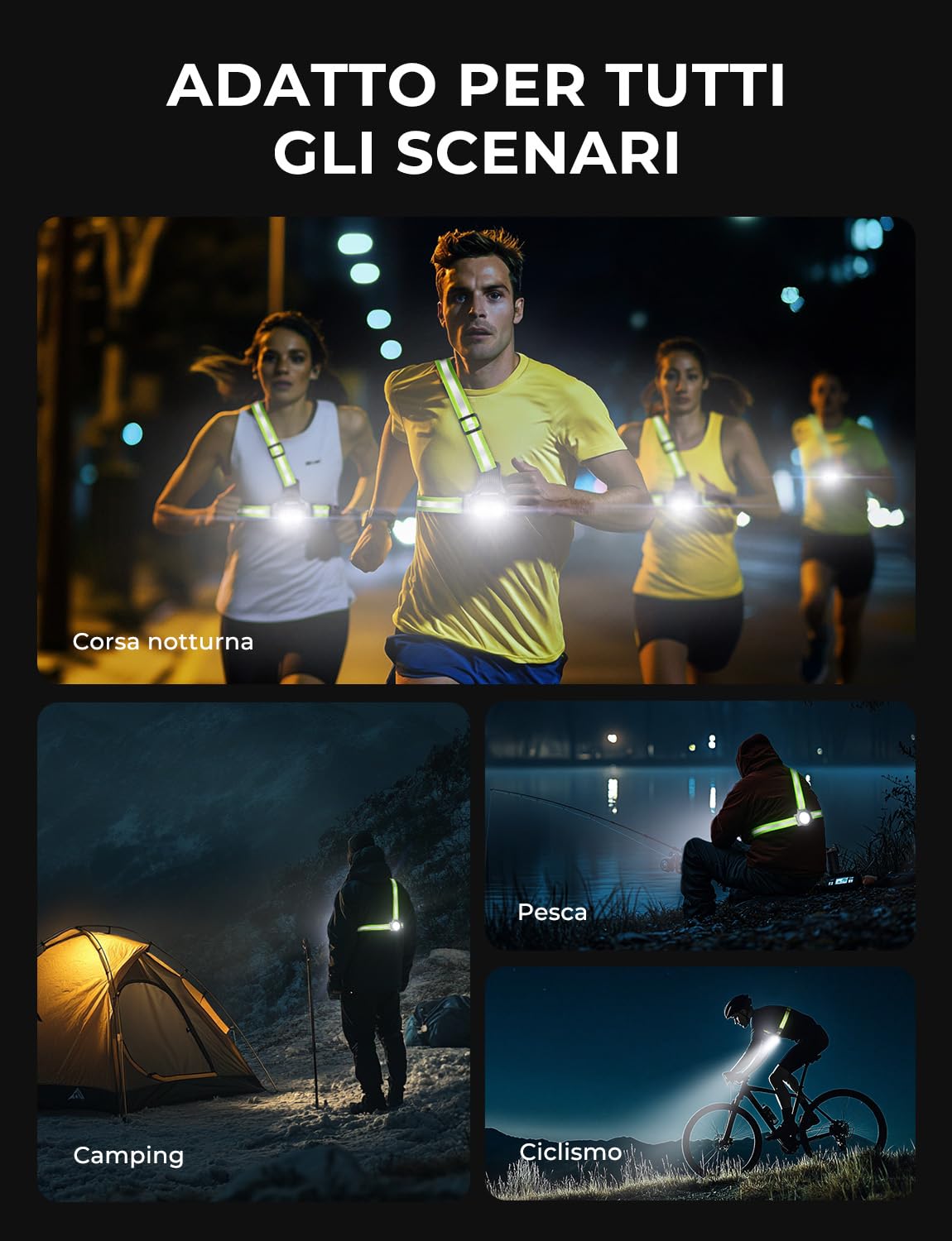 Luce Running con Strisce Riflettenti 500 Lumen Ricaricabile USB 7 Modalità IPX4 Impermeabile