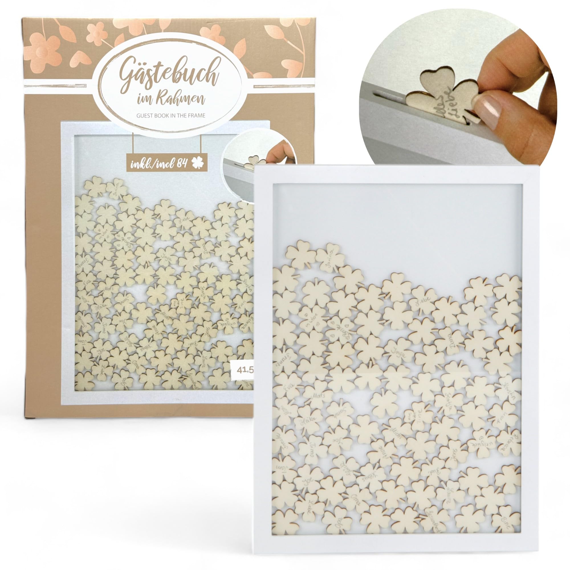 Cadre Photo Livre d'Or Blanc avec 84 Trèfles en Bois pour Baptême et Mariage