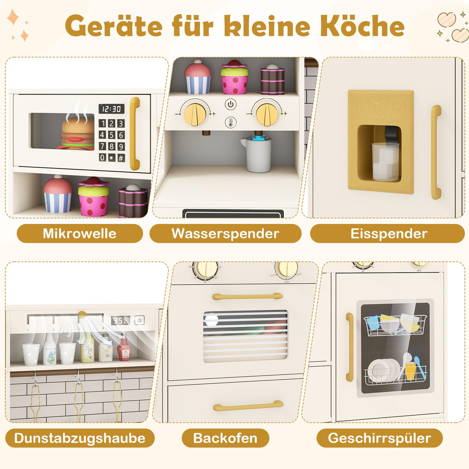 COSTWAY Kinderküche, Spielküche mit Licht und Sound, Holzküche inkl. Zubehör mit Spüle, Eisspender, Mikrowelle, Wasserspender & Ofen, Spielzeugküche für Kinder ab 2 Jahren