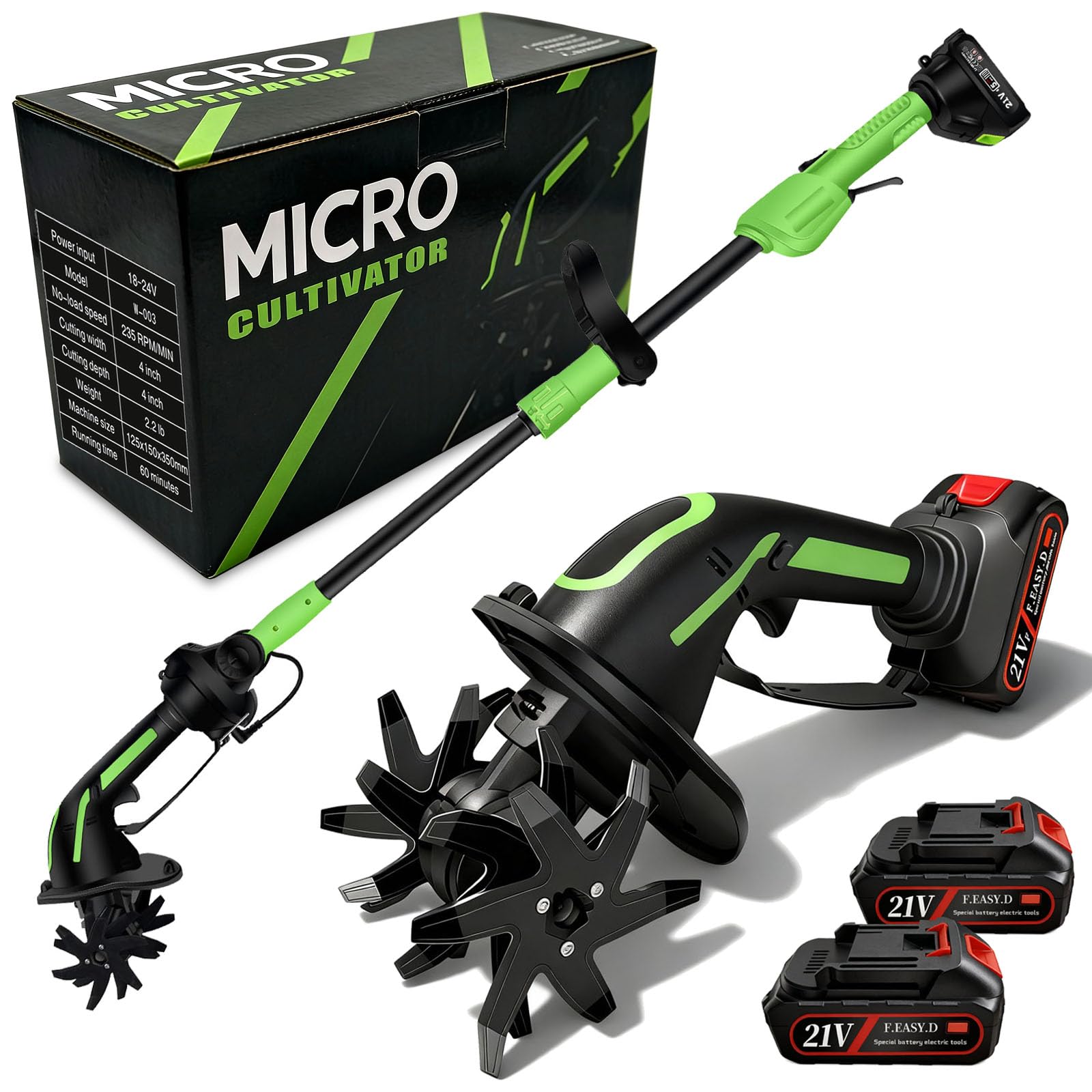 Motoazada Electrica, 21V Motoazada Bateria con 2 Baterías 3000mAh y Mango de 1,3m Motocultor Electrico Escarificador con 4 Cuchillas Metálicas 10cm de Ancho y 10cm de Profundidad de Trabajo 235 RPM