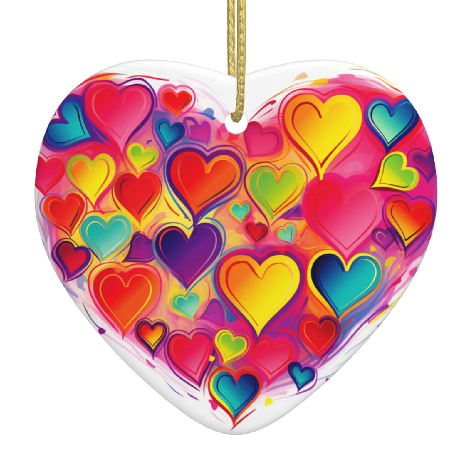 Ceramic Christmas Tree Hanging Ornaments with Gold Ropes Christmas Tree Decorations Heart Ceramic Colourful Heart Pendant Keepsake Decorations for Holiday Xmas Gift Ideas