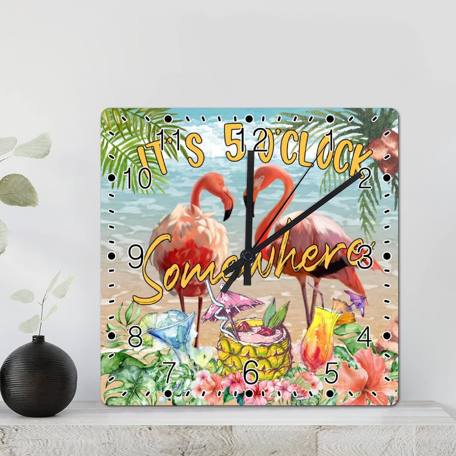 Horloge murale en bois fleurs tropicales et flamant rose 30cm pour décoration maison