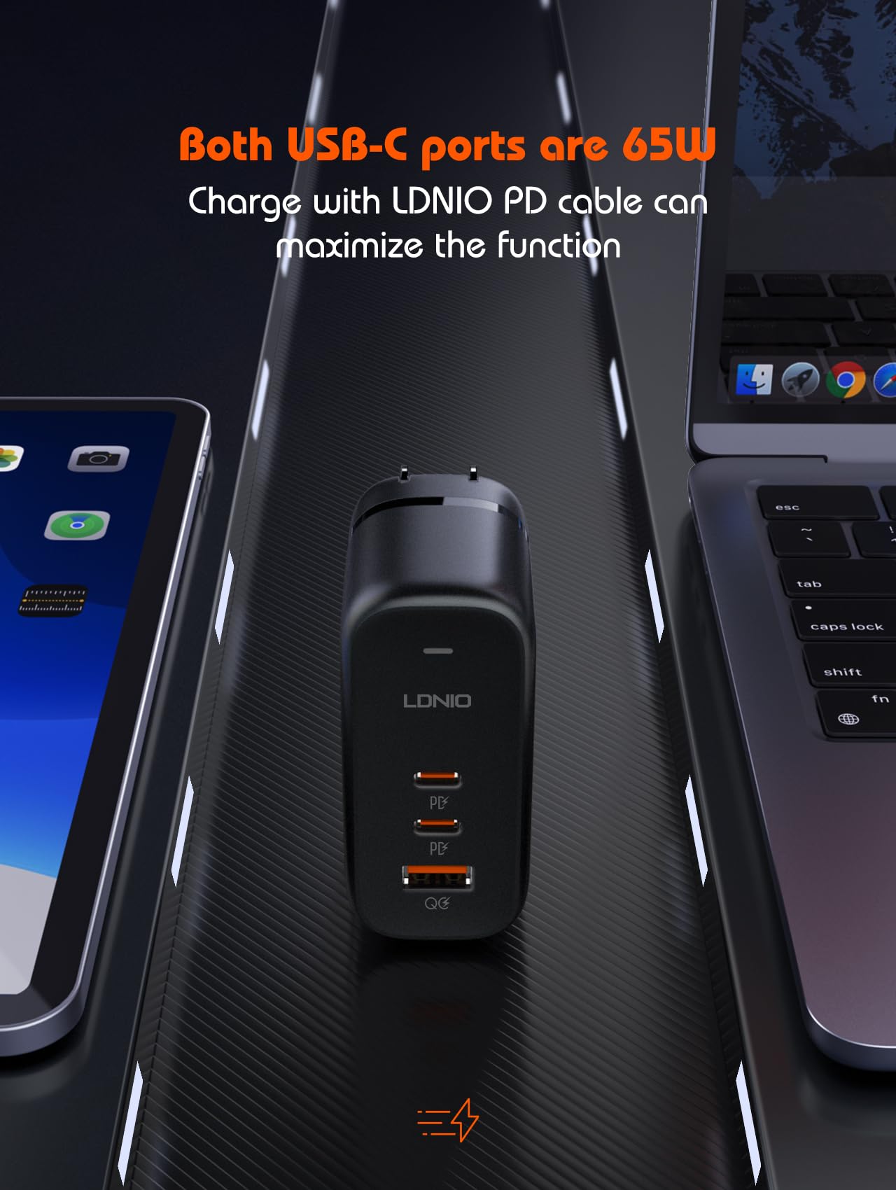 MANTO Chargeur Rapide GaN 65W avec Adaptateur Voyage 3-en-1 (US/UK/EU), 3 Ports 2C1A, PD3.0 & QC3.0, Compatible MacBook, iPhone 17, Samsung Galaxy