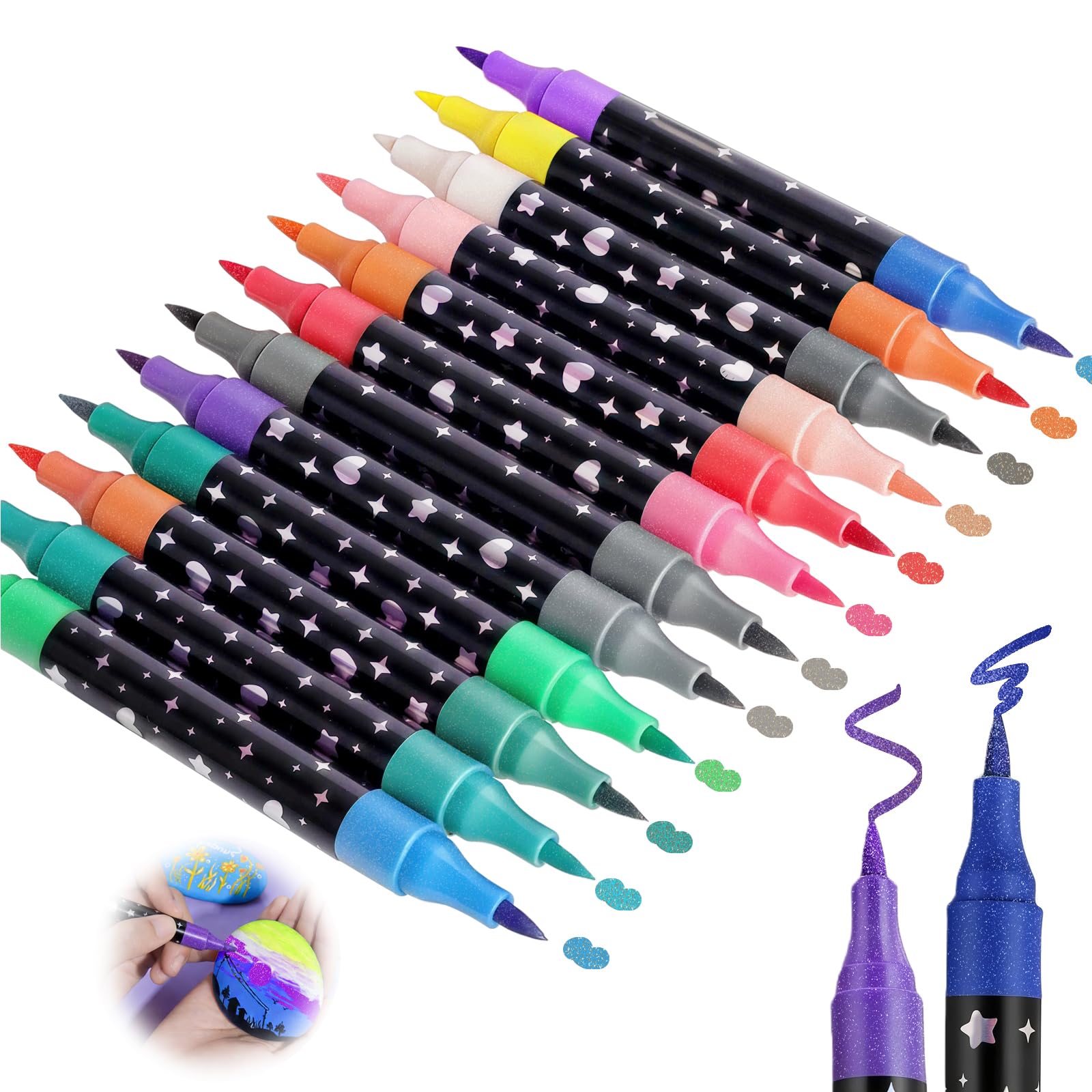 24 Colores Rotuladores Purpurina,12 Rotuladores Brillantes de Doble Punta,Rotuladore con Purpurina a Base de Agua para manualidades,Proyectos de Bricolaje,Tarjetas de Felicitación