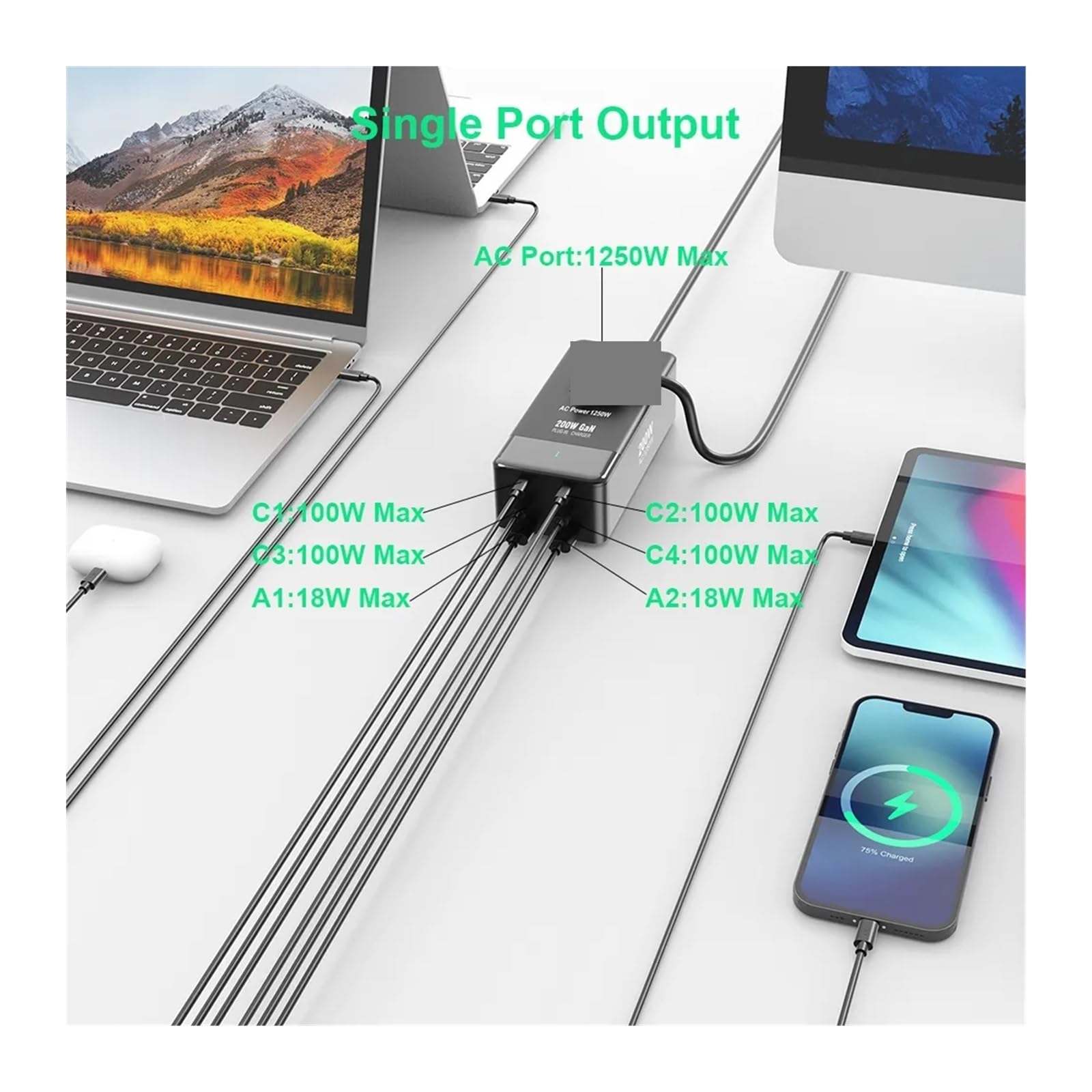Ładowarka USB, Ładowarka biurkowa GaN3 200 W Listwa zasilająca Stacja szybkiego ładowania USB C o mocy 100 W dla smartfona