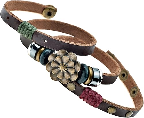 Brazalete envolvente con broche de presión, con flor de loto de la suerte y hematita de personalidad, de cuero, varias vueltas