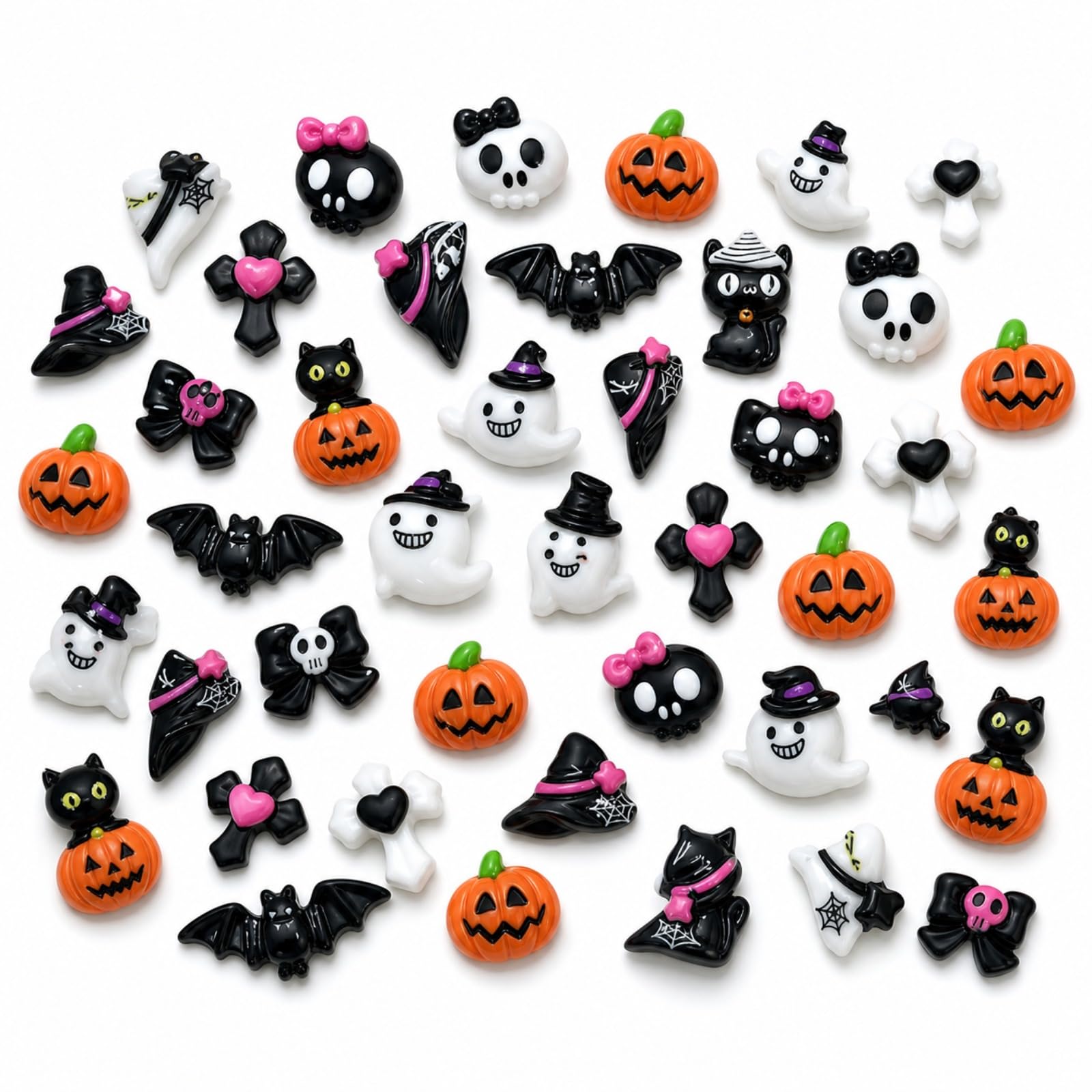 Halloween 2D Resin Charms 40 pcs, Flatback Pumpkin Skull Bat Set
