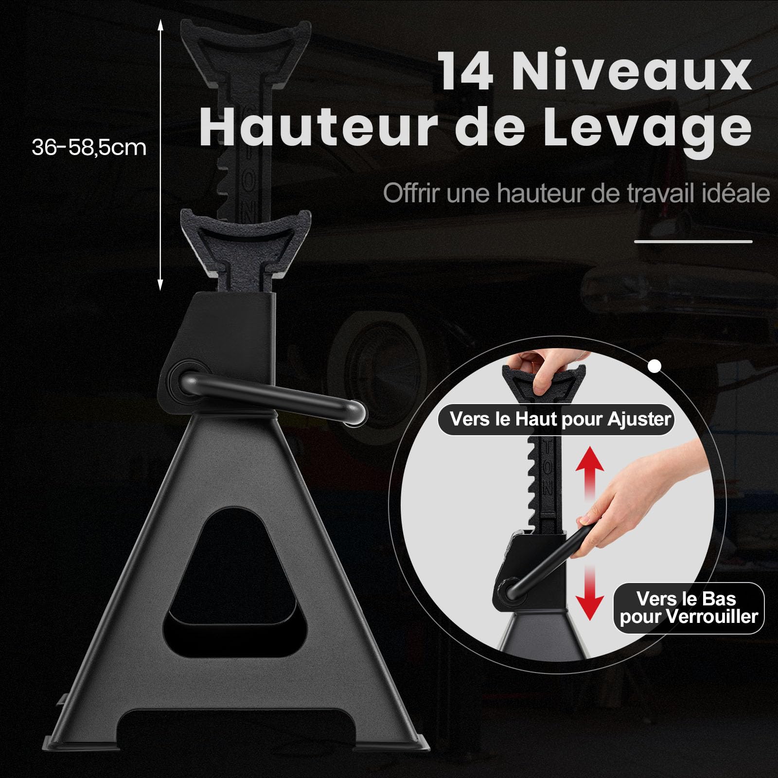 GYMAX Lot de 2 Chandelles Voiture, Capacité Max. 5,896 kg Chacune, Hauteur Réglable 14 Niveaux de 36 à 58,5cm, Verrouillage Sécurisé, Métal Robuste, pour Garage Automobile