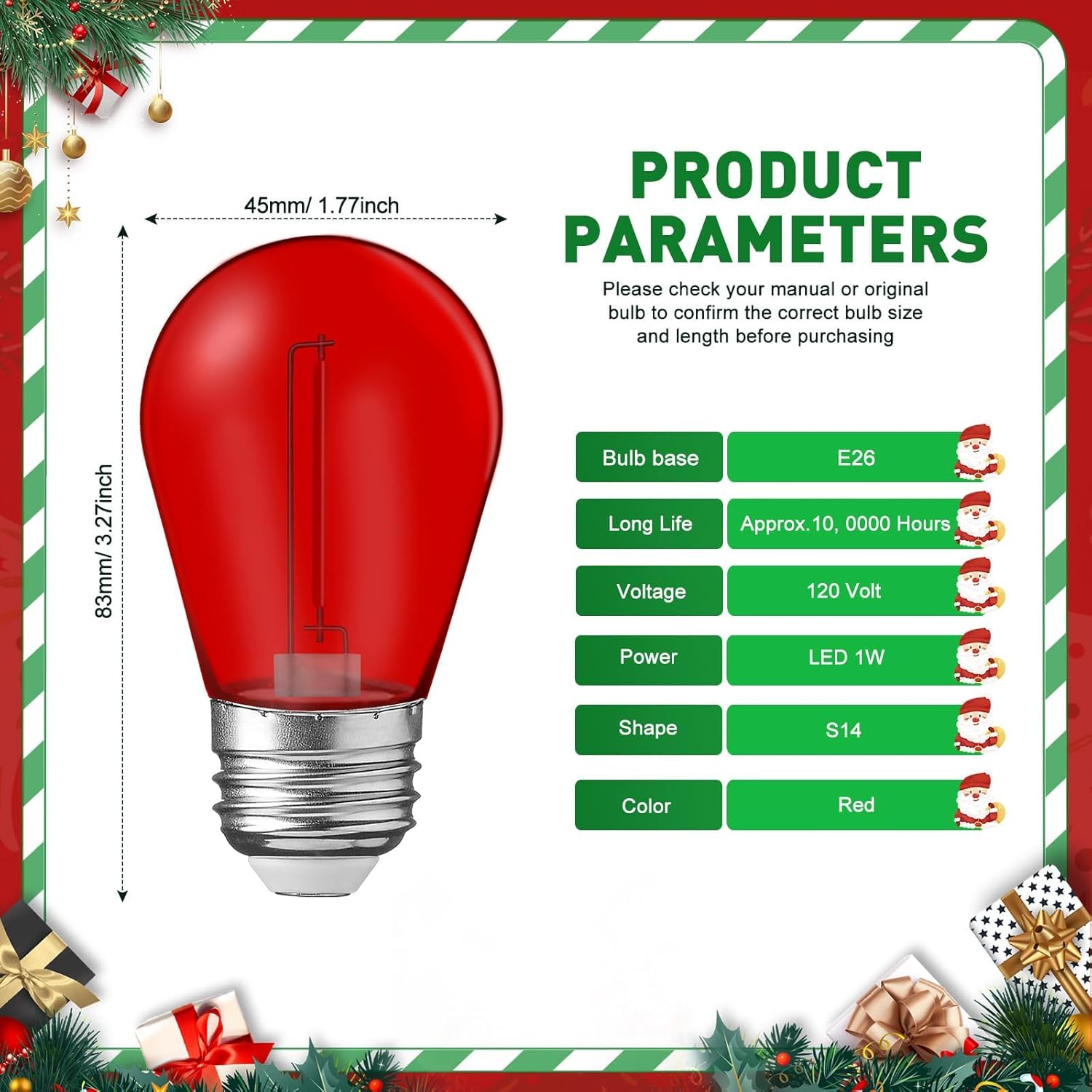 48 Pcs Christmas Colored LED String Light Bulbs Plastic Waterproof S14 Replacement Bulbs E26 Base 1 Watt LED Bulb for Indoor Outdoor String Lights Christmas Decoration(Red)