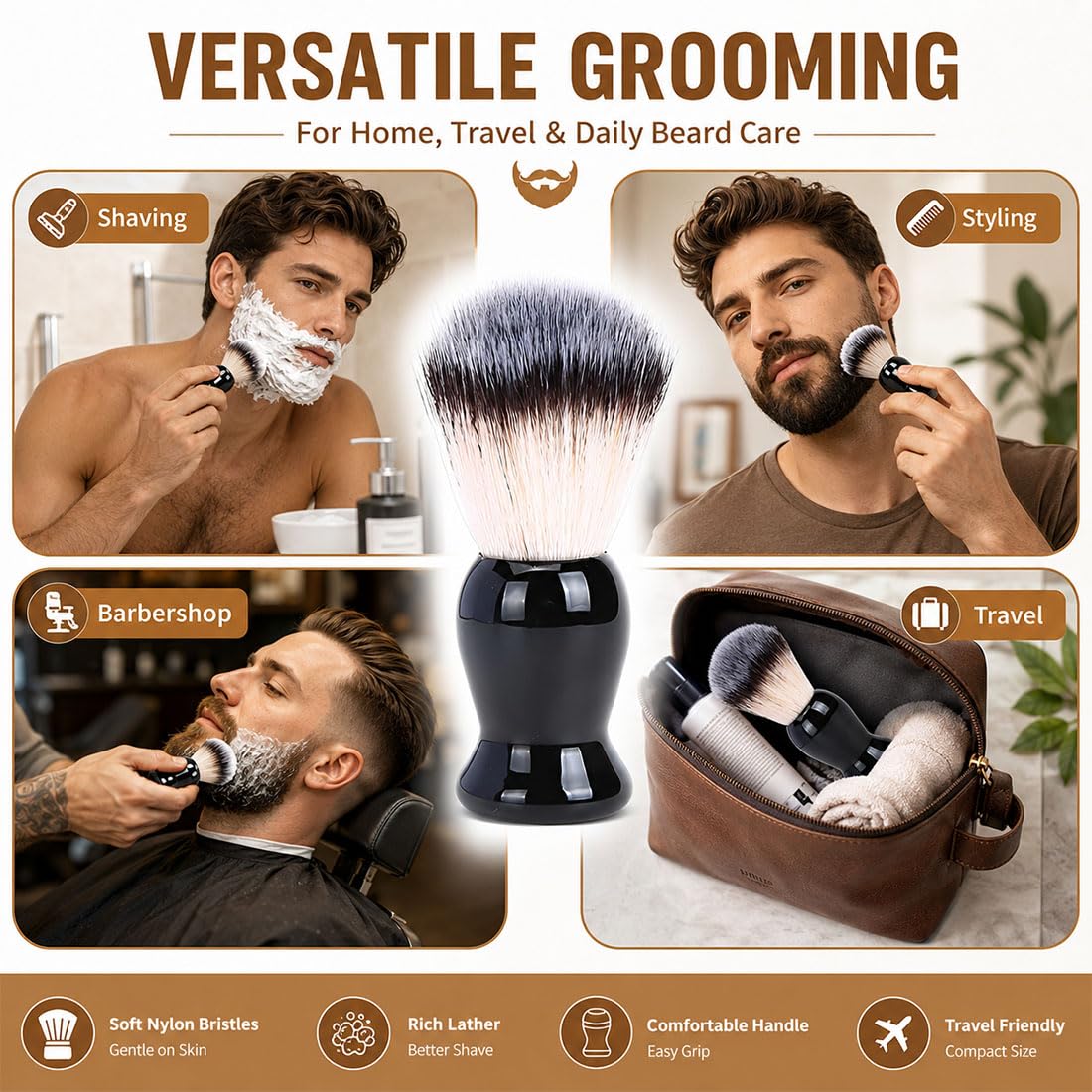 1 Pennello Da Barba Sintetico Nero Per Barba, Spazzola Rasatura Professionale 10.5Cm, Accessorio Regalo Uomo, Crema Schiuma Da Barba