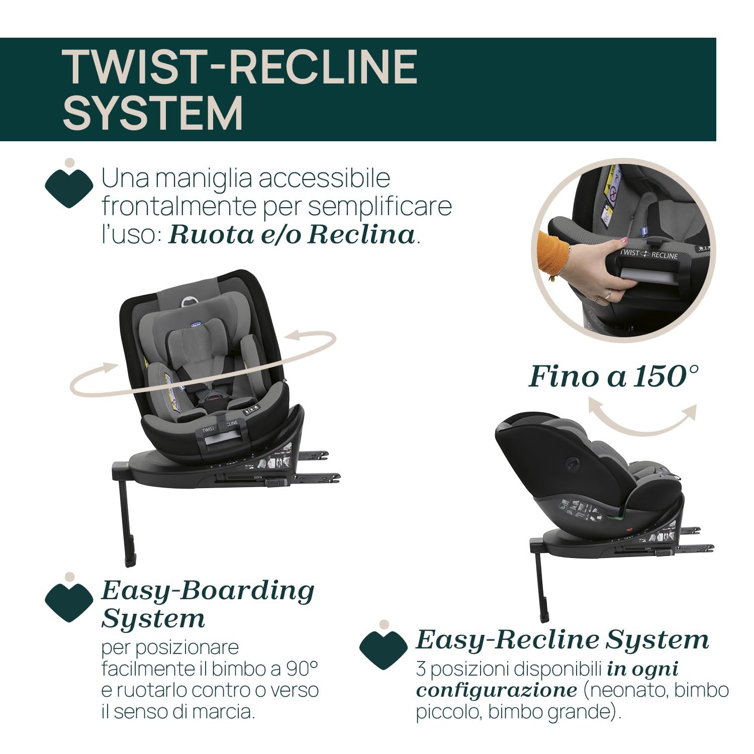 Chicco Everone I-Size, Seggiolino Auto con Sistema Twist-Recline con 3 Posizioni, Omologato ECE R129/03, Girevole A 360° E Reclinabile, Gruppo 0+/1/2/3 Da 0 A 12 Anni