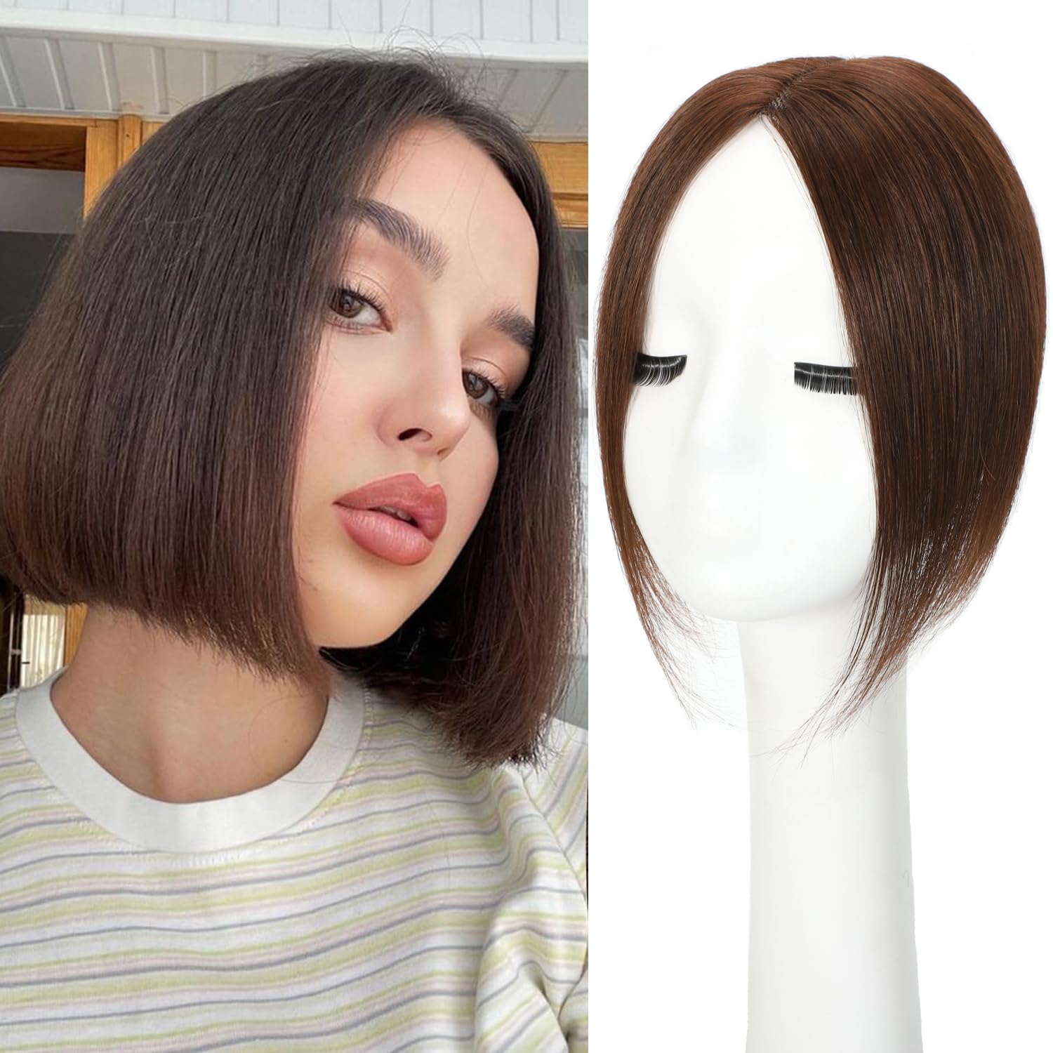 Clip In Fringe 100% Real Human Hair Bangs Hair Clip Thin Bangs On Hairpiece On Air Bangs With Temple Wispy Bangs Hair Extensions for women (Dark brown