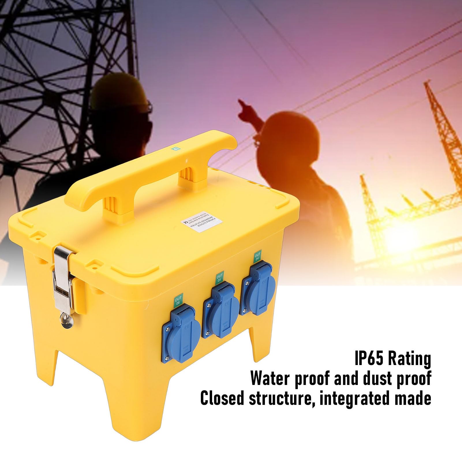 Jectse Scatola di Distribuzione Dell'energia Portatile Resistente All'acqua con 6 Prese per Cantiere, Scatola Elettrica IP65 Gialla in Materiale ABS Premium per Cantiere