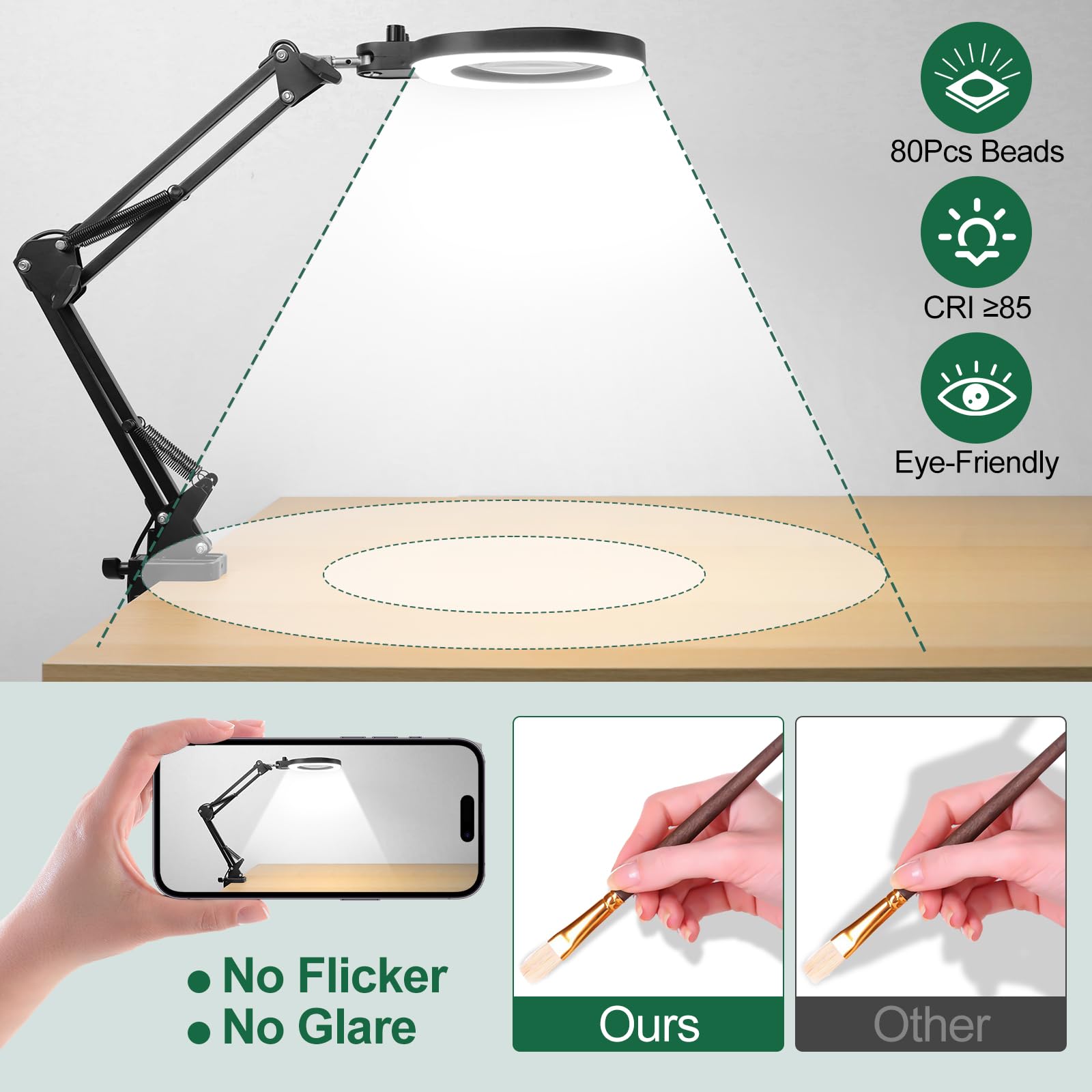 CGBE 10X Lupa con Luz, 2 en 1 Base/Pinza, Manos Libres, para Trabajos Finos | Lámpara Lupa con Brazo Giratorio Ajustable, 80 Perlas LED, Cubierta Antipolvo, para Lectura Reparación Manualidades