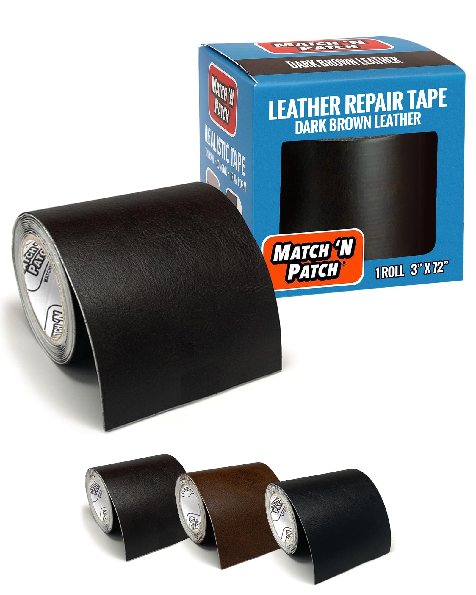 MATCH 'N PATCH Leather Repair Tape - Dark Brown (3x72 Inch) Realistic Faux Leather Patches for Couch, Sofa, Upholstery, Car Seats & Other Furniture, Vinyl Repair Kit, Strong Self Adhesive Patch