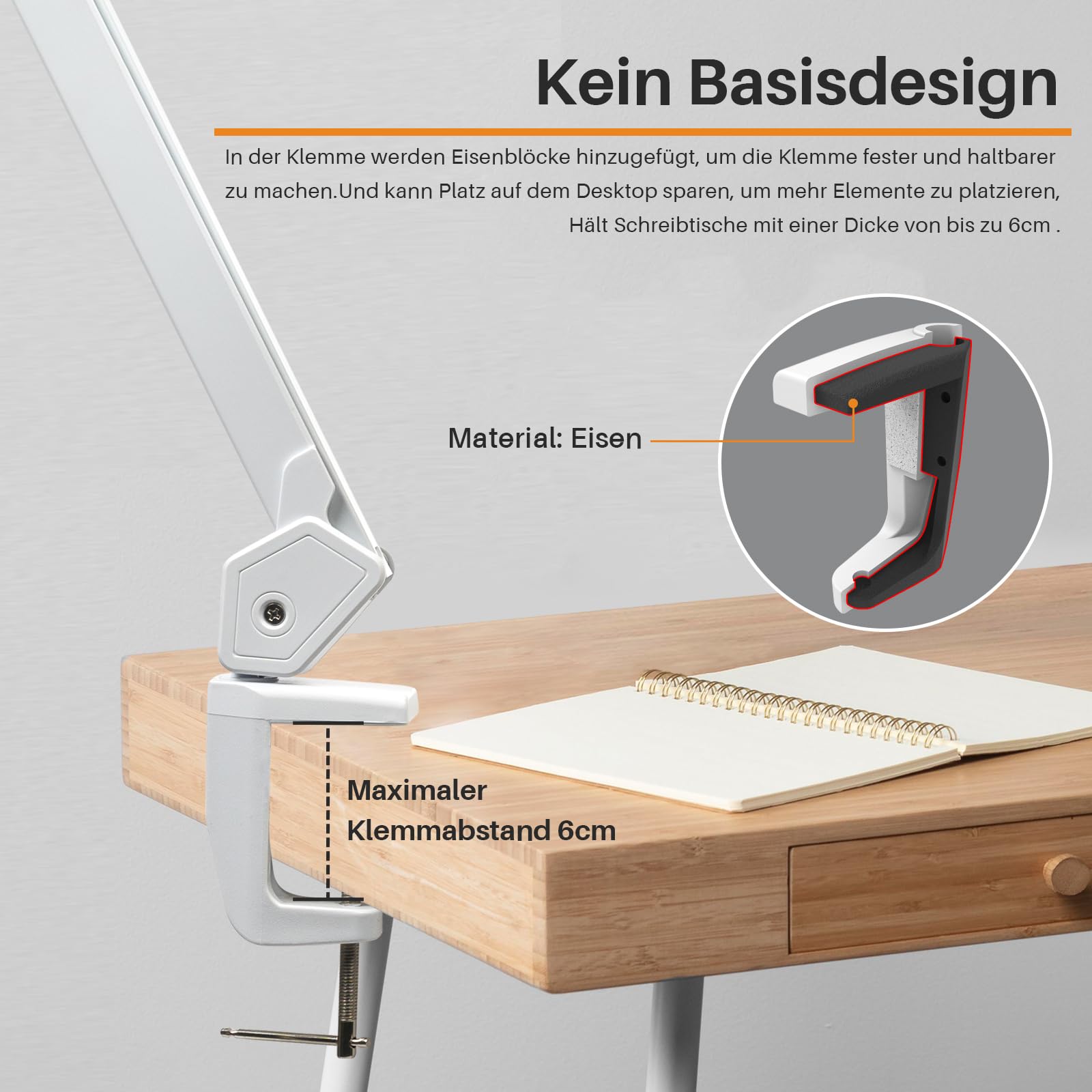 Drehbare LED-Schreibtischlampe mit Klemme, 24W, 2000 Lumen, 56cm-Ultra-Wide-Lampenschirm, 234 SMD-LEDs, 5 Helligkeitsstufen, 5 Farbtemperaturen einstellbar (Weiß)