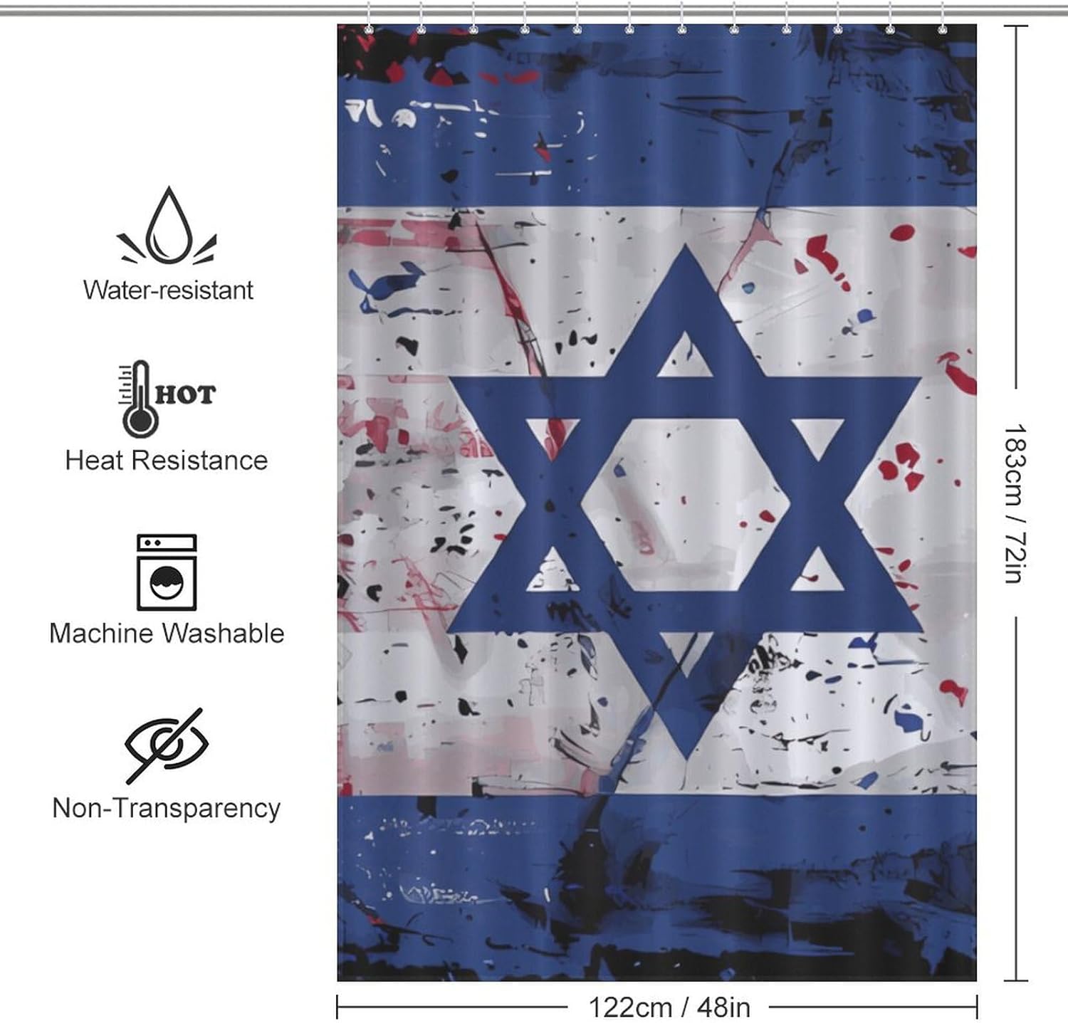 Vintage Israel U.S. Flag Funny Shower Curtains Washable Bath Curtain Liner with Hooks for Bathroom Bath Tubs