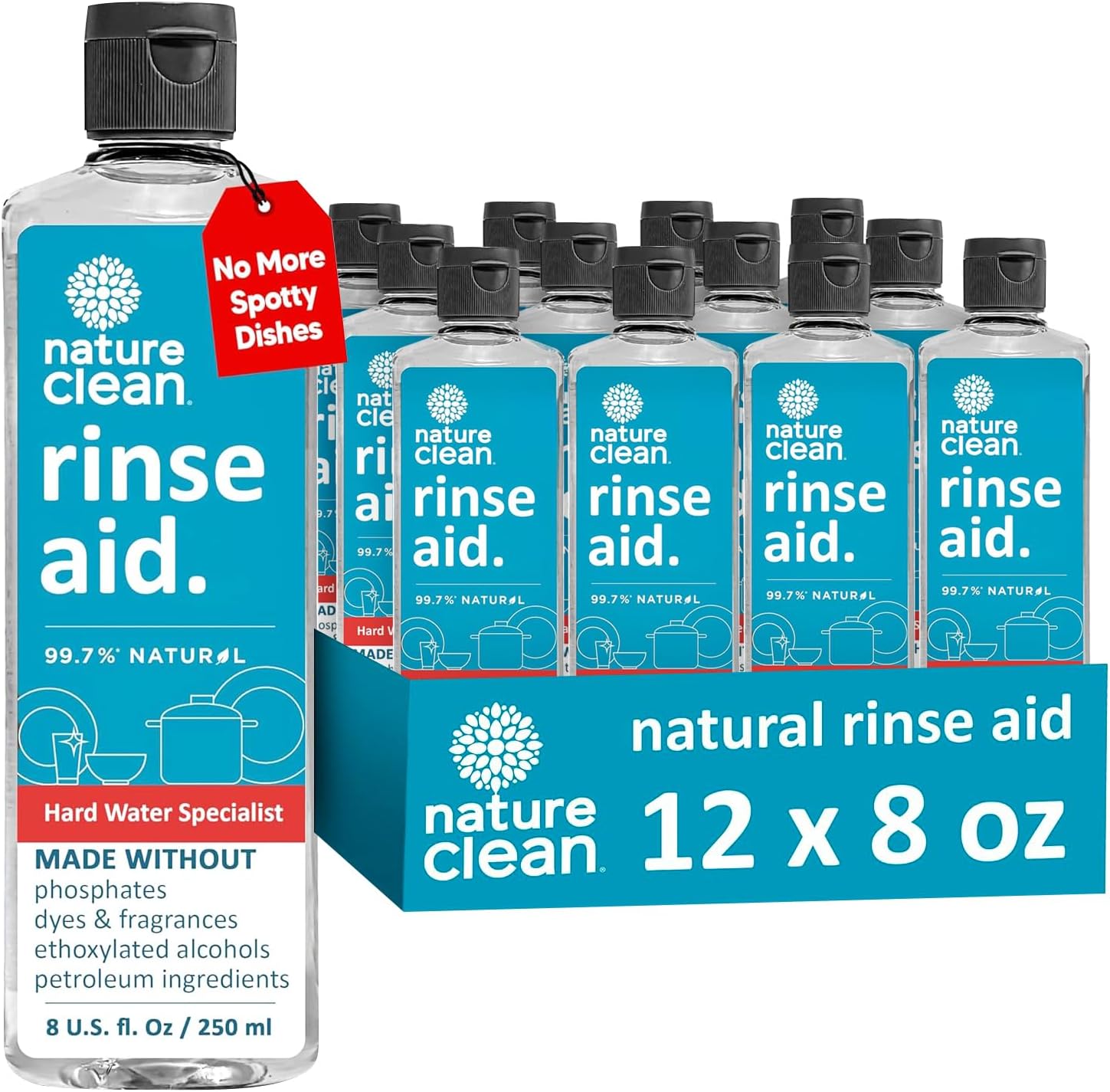Nature Clean Dishwasher Rinse Aid Liquid, Non Toxic Natural Formula, Spot Free Shine for Glasses & Dishes, Hard Water Stain Remover, Dishwasher Drying Agent, 8 oz/250 ml Pack of 12