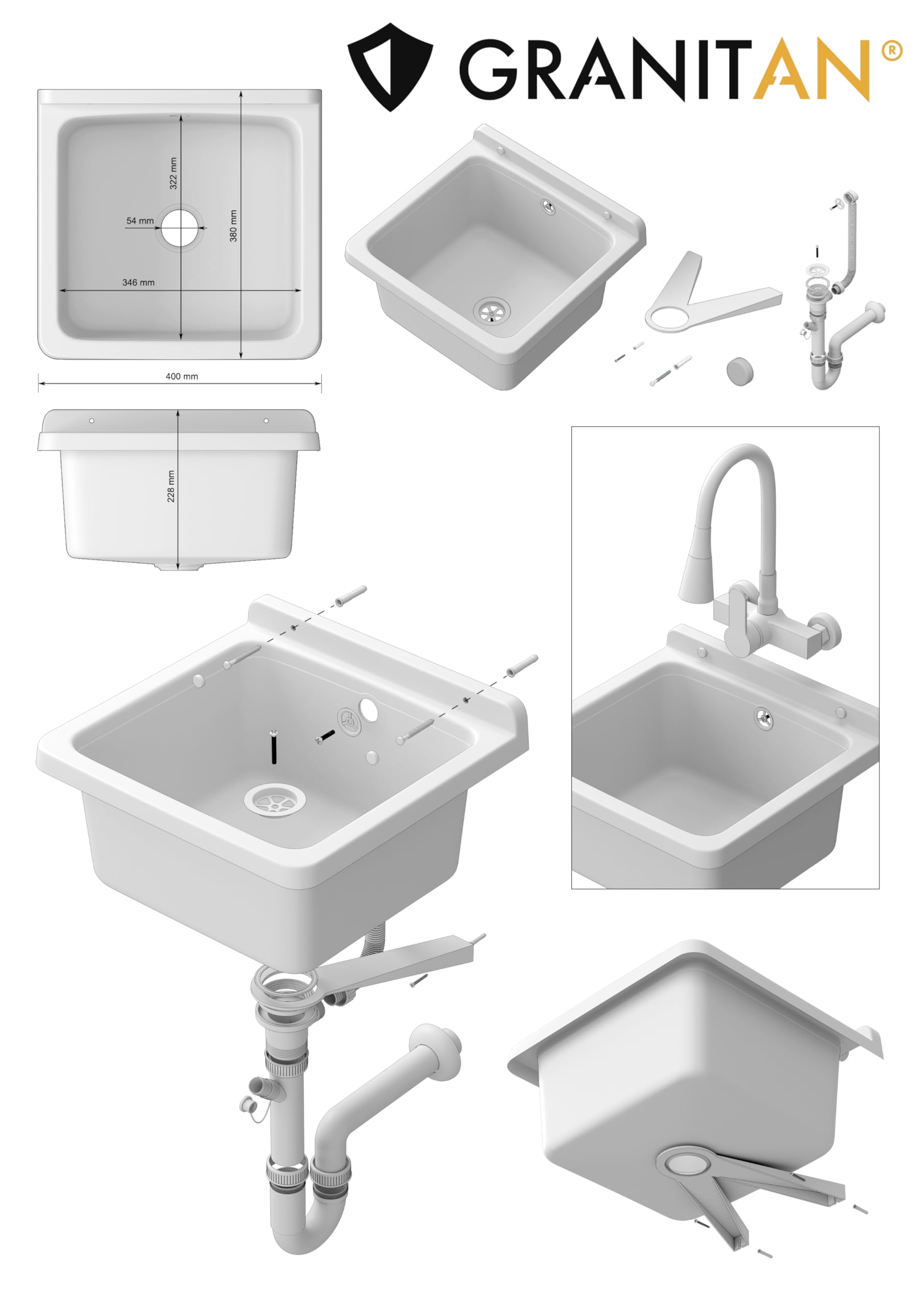 Granitan Lavabo universel pour garage, cave, atelier et buanderie, avec siphon, lavabo mural pour installation intérieure et extérieure, 40 x 38 x 22,8 cm, noir