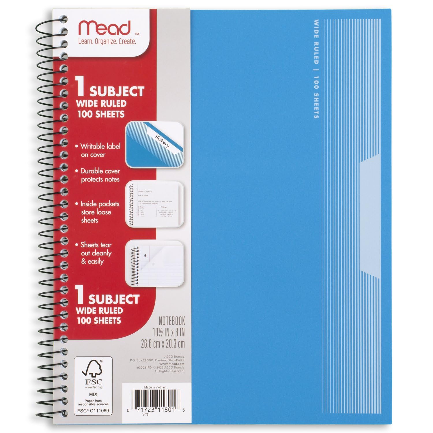 Mead Cuadernos en espiral, paquete de 5, 1 materia, papel de rayas anchas, cubierta de plástico, 8 x 10-1/2 pulgadas, 100 hojas, negro, amarillo, rojo, azul y verde (930093)