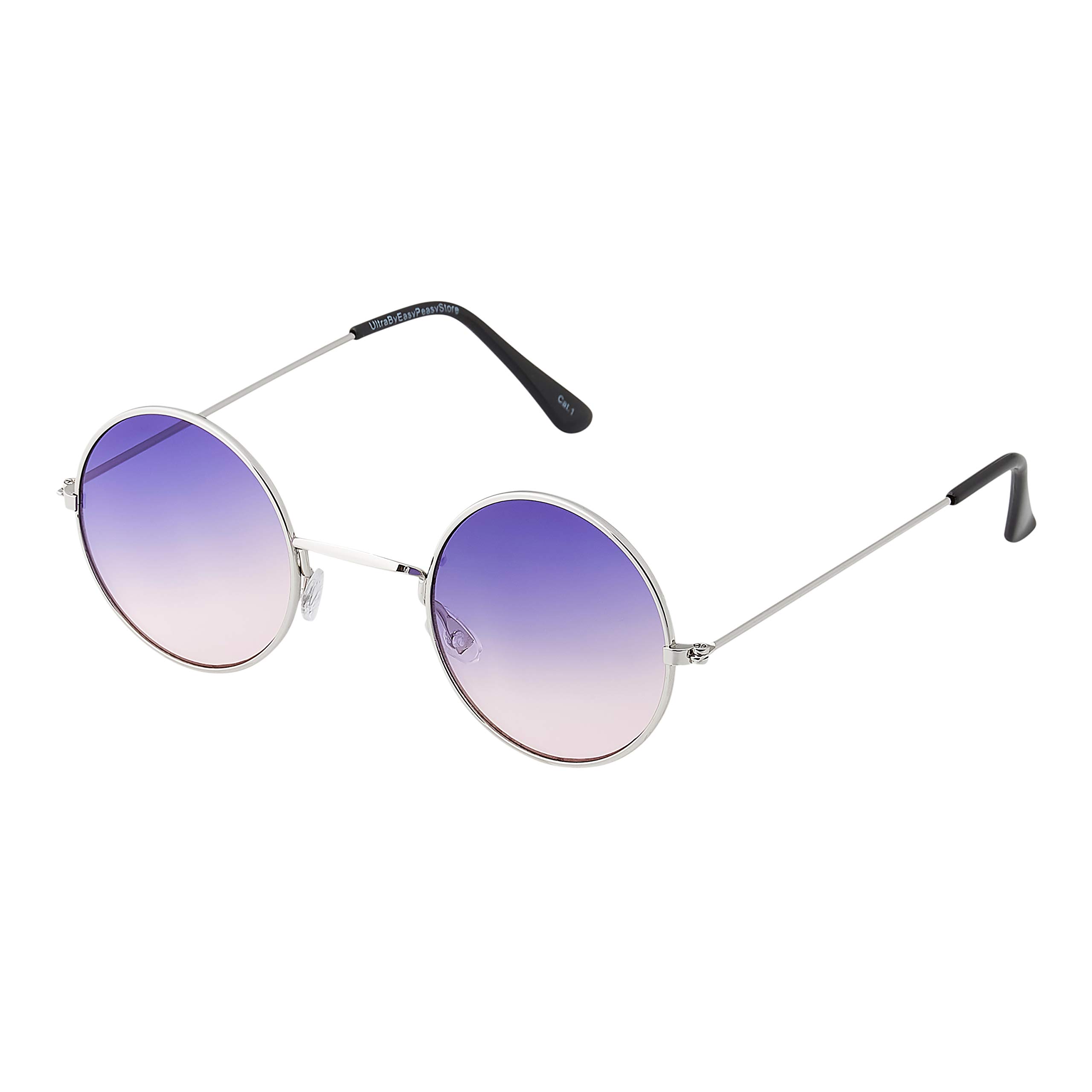 Ultrabyeasypeasystore Unisex Purple To Pink Ultra Retro Round Sunglasses Metal Frame Circle Lens Uv400 Protection Vintage Style Mens Womens Shades - Silver With Lenses