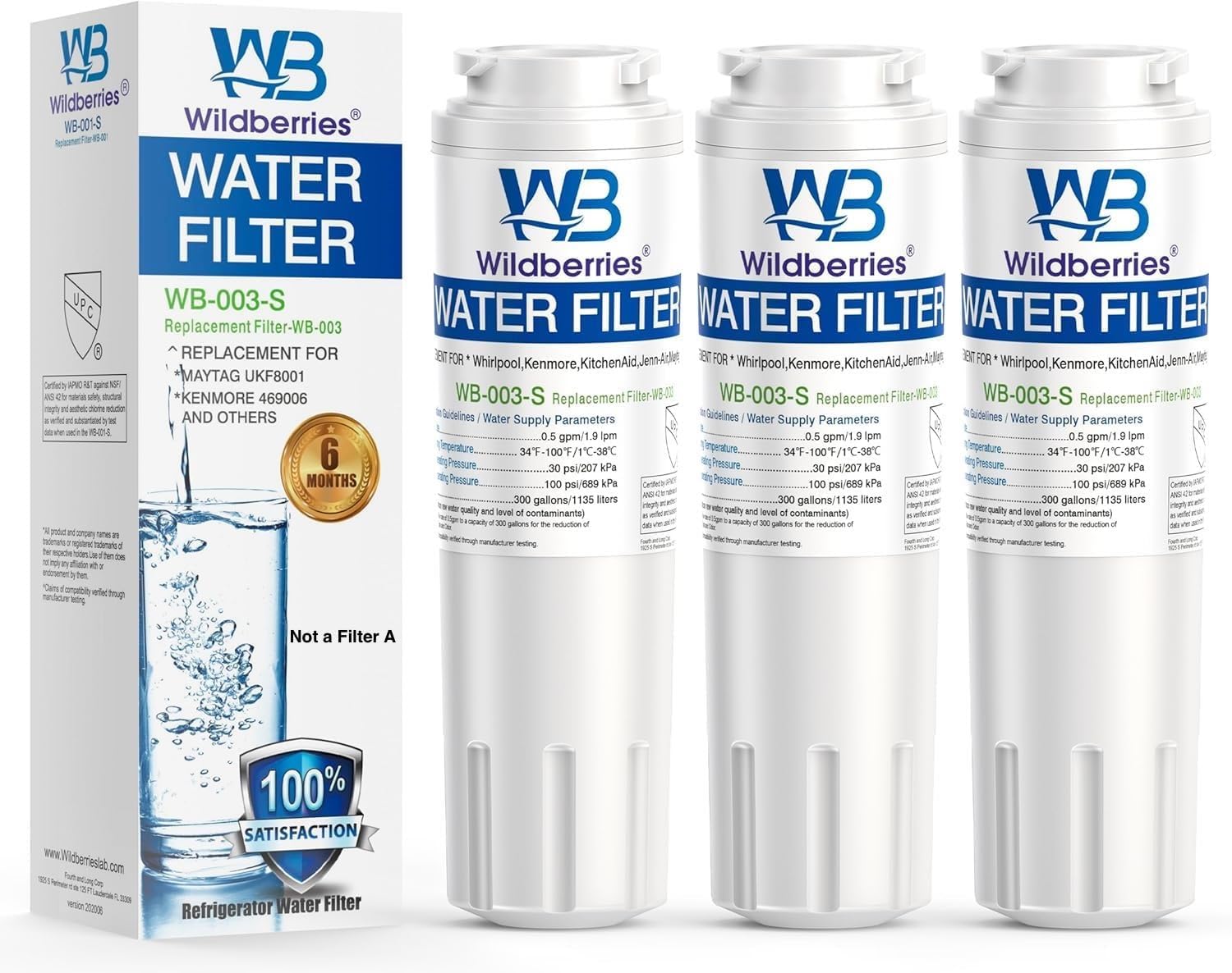 Wildberries UKF8001 Refrigerator Water Filter 4, Replacement for Whirlpool®, EveryDrop® EDR4RXD1, WHR4RXD1, 4396395, WRF555SDFZ00, WRF535SWHZ00, FMM-2, 46-9006, UKF8001AXX-750,UKF8001AXX-200, 3-PACK