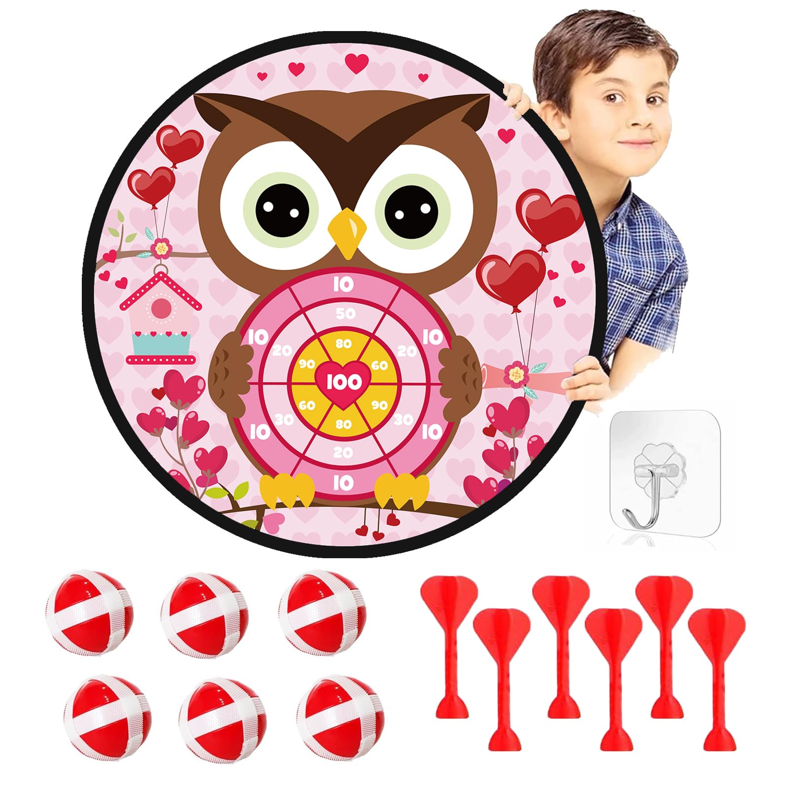 Valentines Day Game Dart Board 26in Owl Dart Board with 6 Sticky Balls and 6 Darts Toy Hooks Valentines Day Party Favors Indoor Outdoor Sports Puzzle Game