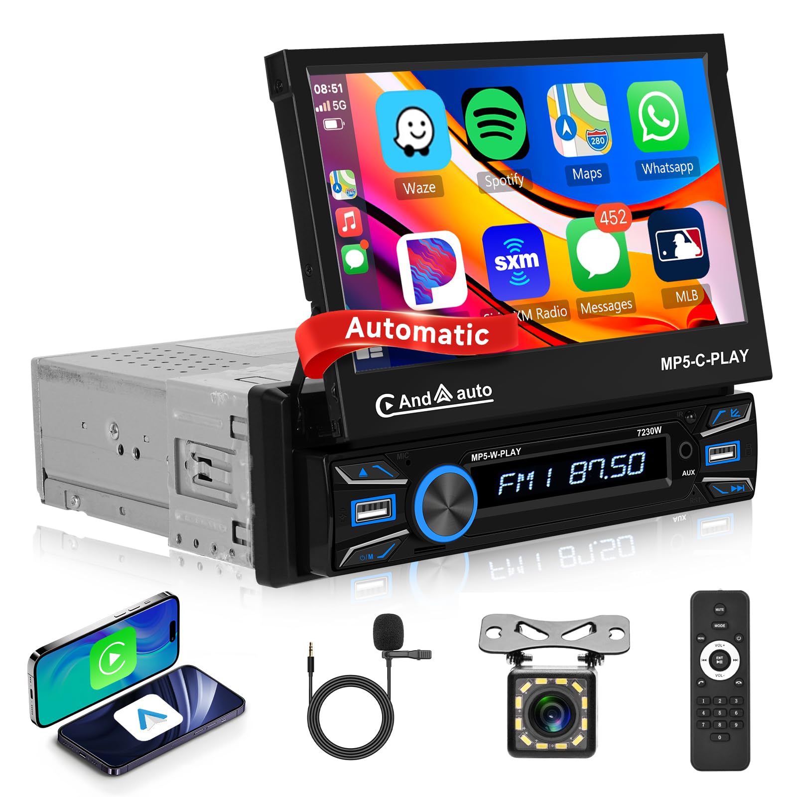 Single Din Automatic Flip Out Car Stereo Wireless Carplay Android Auto, 7 Inch Touch Screen Radio MP5 Player USB/TF/AUX in, FM Radio with Bluetooth Backup Camera Mirror Link
