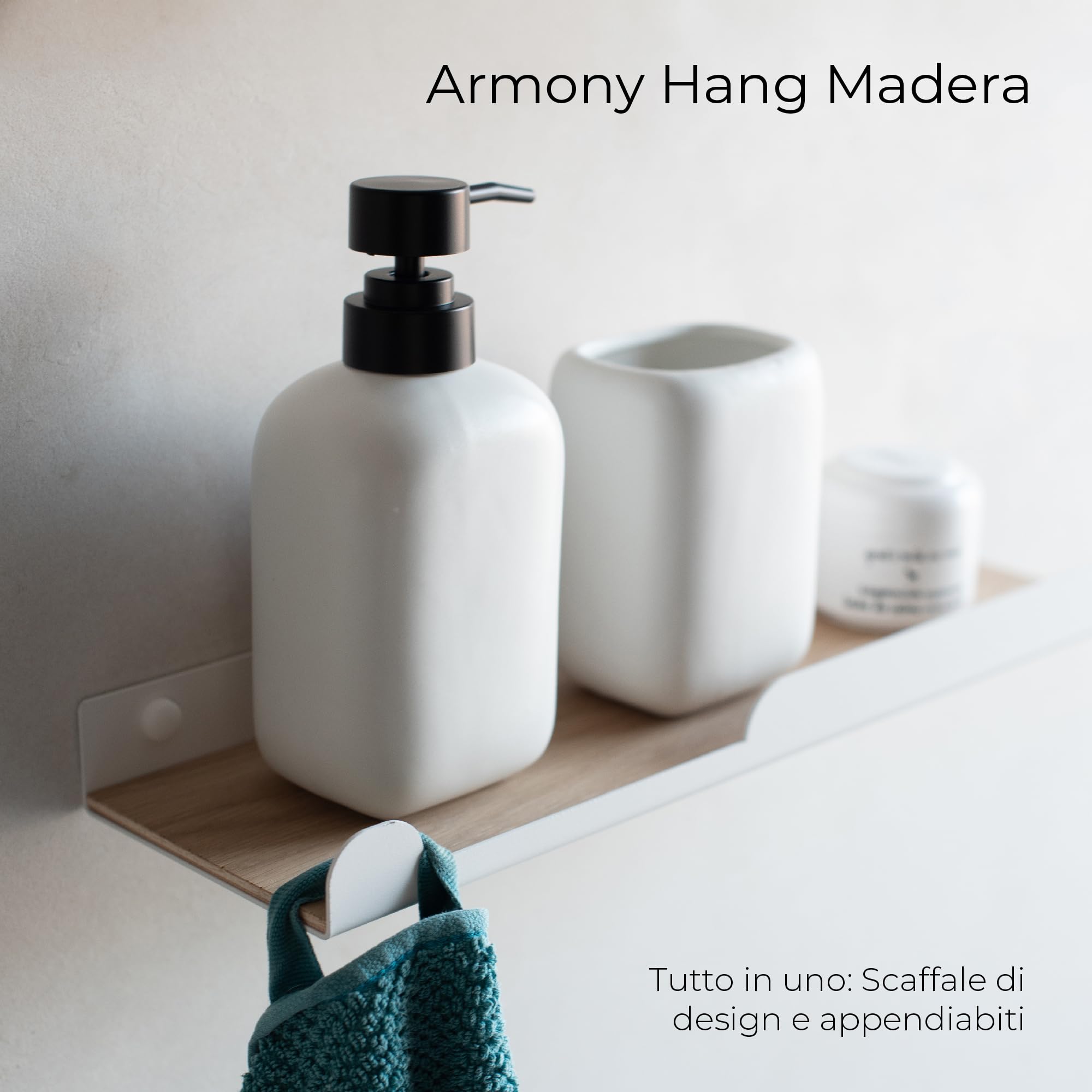 MILUKA Set da 2 Mensole da parete con Ganci 35 cm, Metallo bianco e legno | Picola Mensole da Muro Design, bordi arrotndati e superficie in legno di rovere | Ideali per cameretta, bagno e cucina