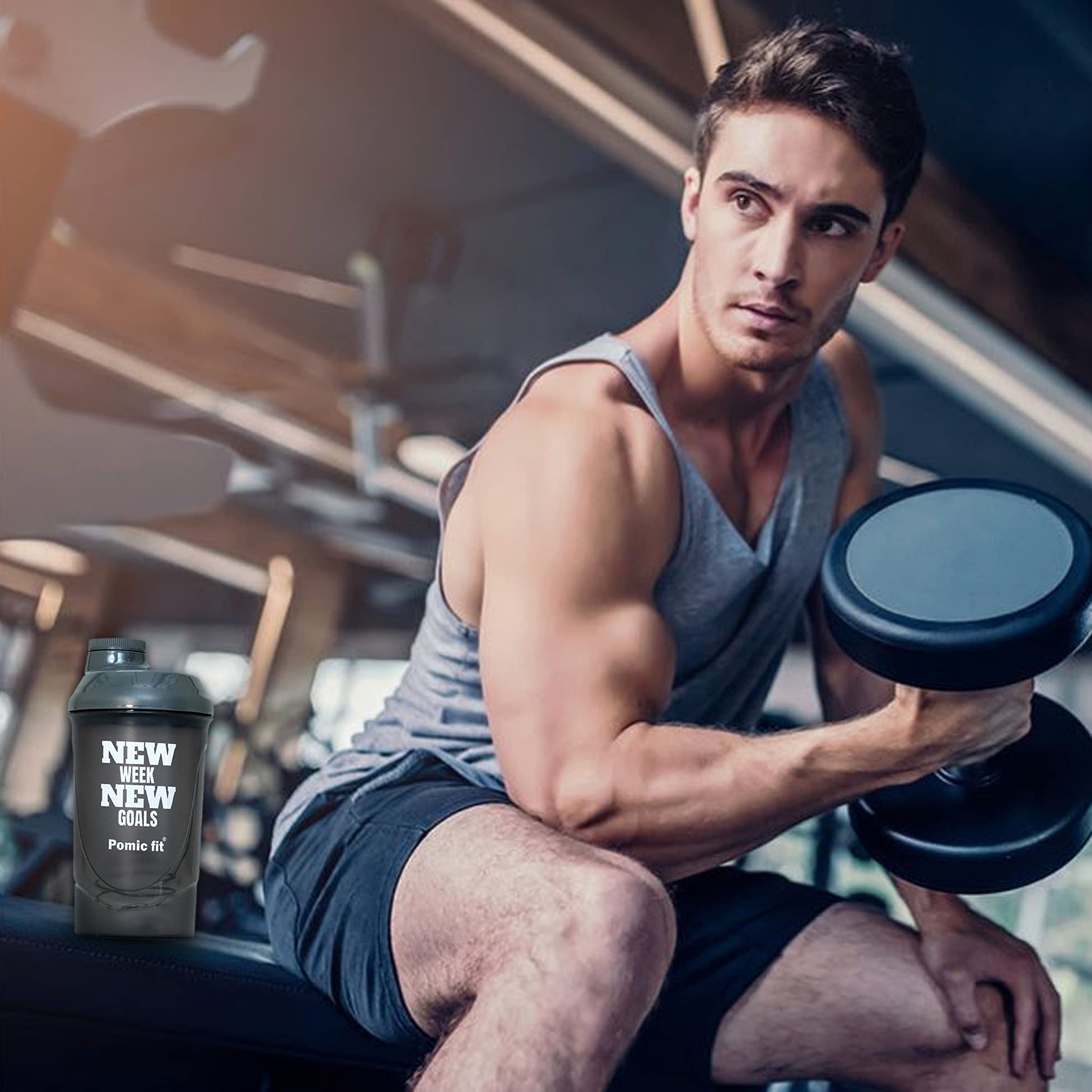 Pomic fit 600ml Gym Bottles for Men Protein Shaker Bottle Fitness Shaker Blender Gym Sipper Bottle for Men & Women Gym Shaker Bottle for Sports Stainless Steel Blender Ball 600ml (White,Blue) 4