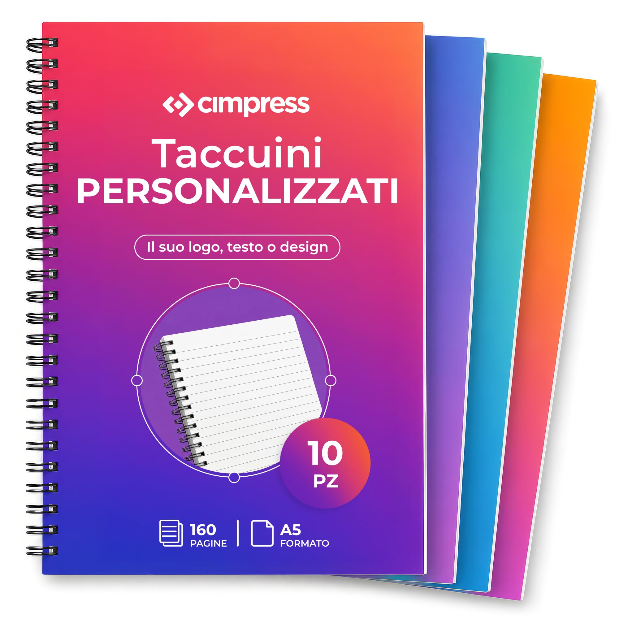 Quaderno A5 a personalizzabile, foto, logo o testo, A righe, 10 Pezzi | Copertina lucida 300 g/m², 160 pagine carta 90 g/m², spirale, ideale per riunioni, formazione e regali aziendali