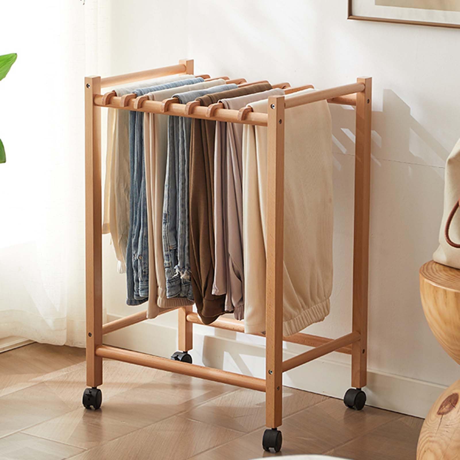 Percha de madera con ruedas para pantalones, faldas y bufandas, ahorra espacio en el armario