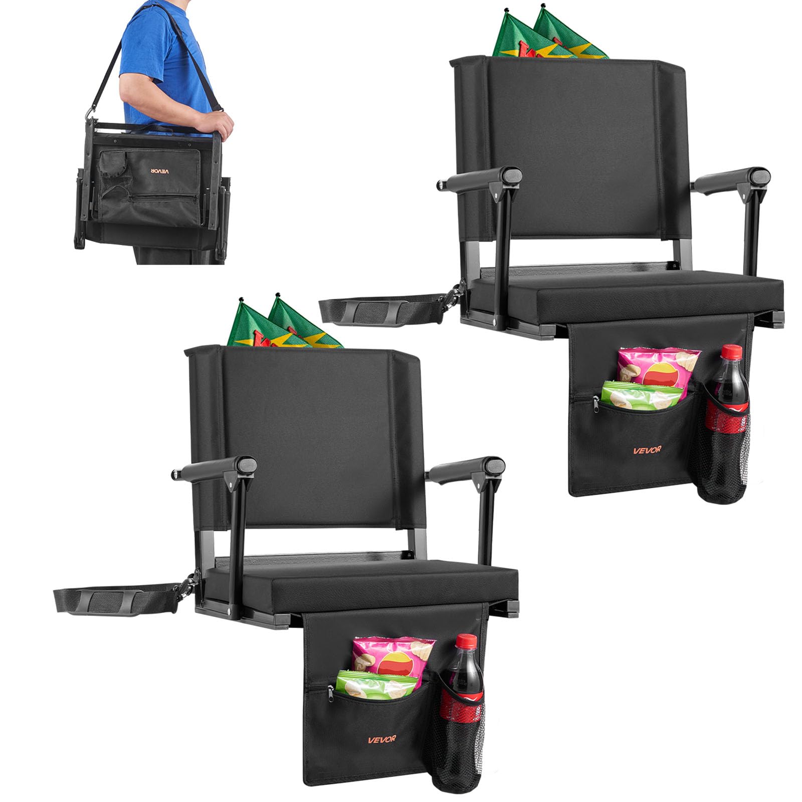 VEVOR Stadium Seat, Portable Bleacher Seat with Armrest, Back Support and Thick Cushion, Bench Chair for Bleacher Includes Shoulder Strap, Hooks, Cup