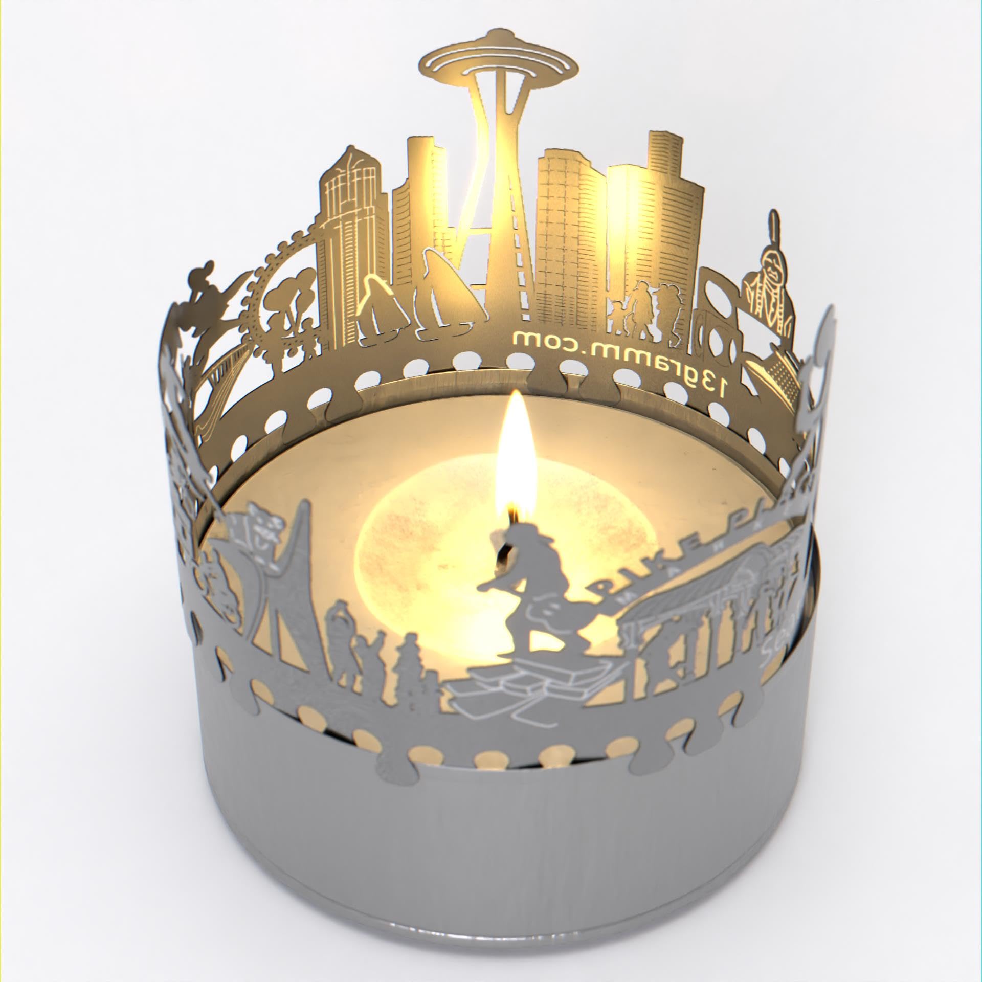 13Gramm Seattle Design Seattle Skyline Candle Votive Gift Souvenir, 3D Stainless Steel Silhouette For A Tea Light Inclusive Greeting Card