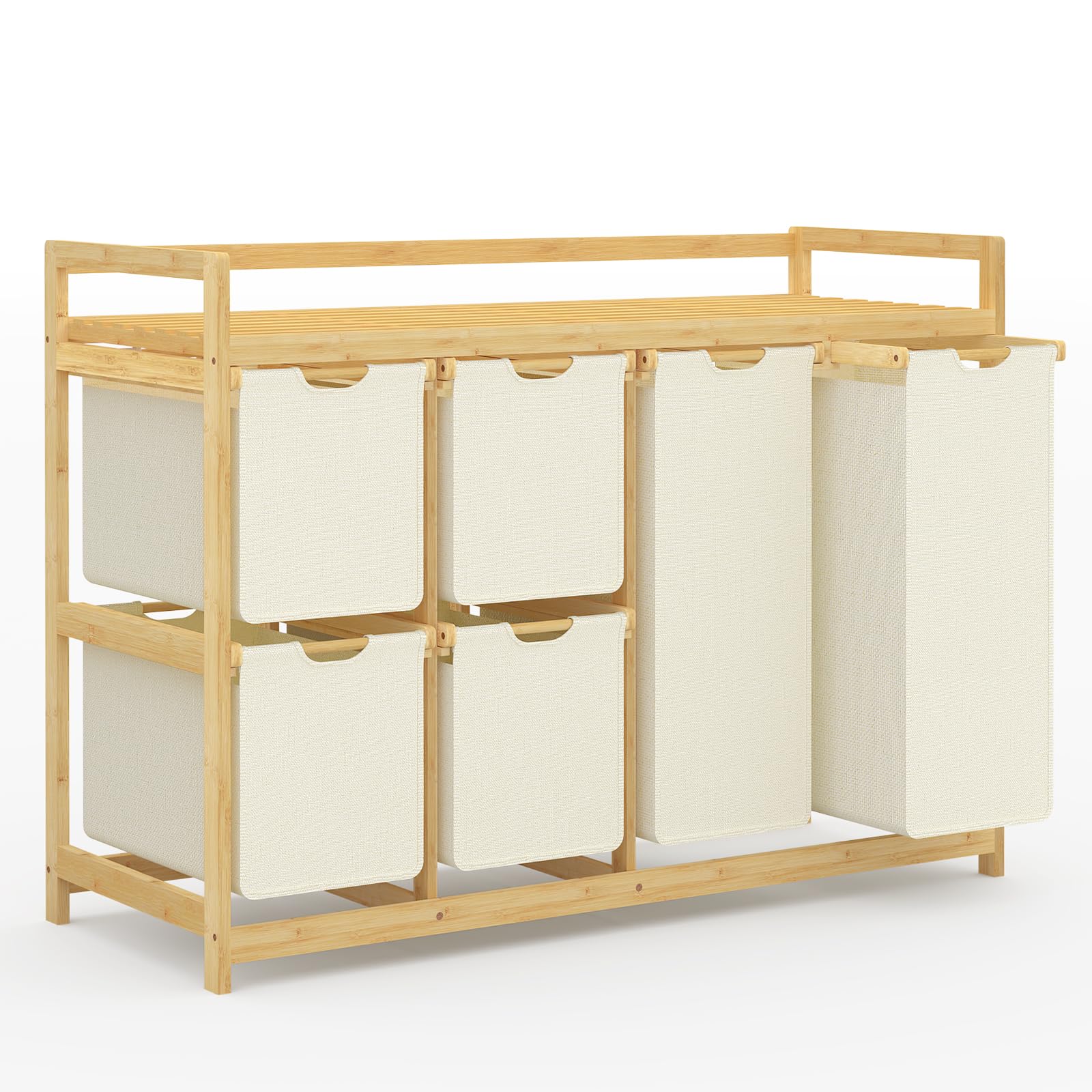 efluky 200L Wäschekorb 6 Fächer, Große Wäschesammler mit Korb Wäschesortierer mit 2 Wäschesäcken und 4 Stoffboxen, Laundry Basket Wäschebox Bambus Wäscheregal für Badezimmer, Schlafzimmer, Beige
