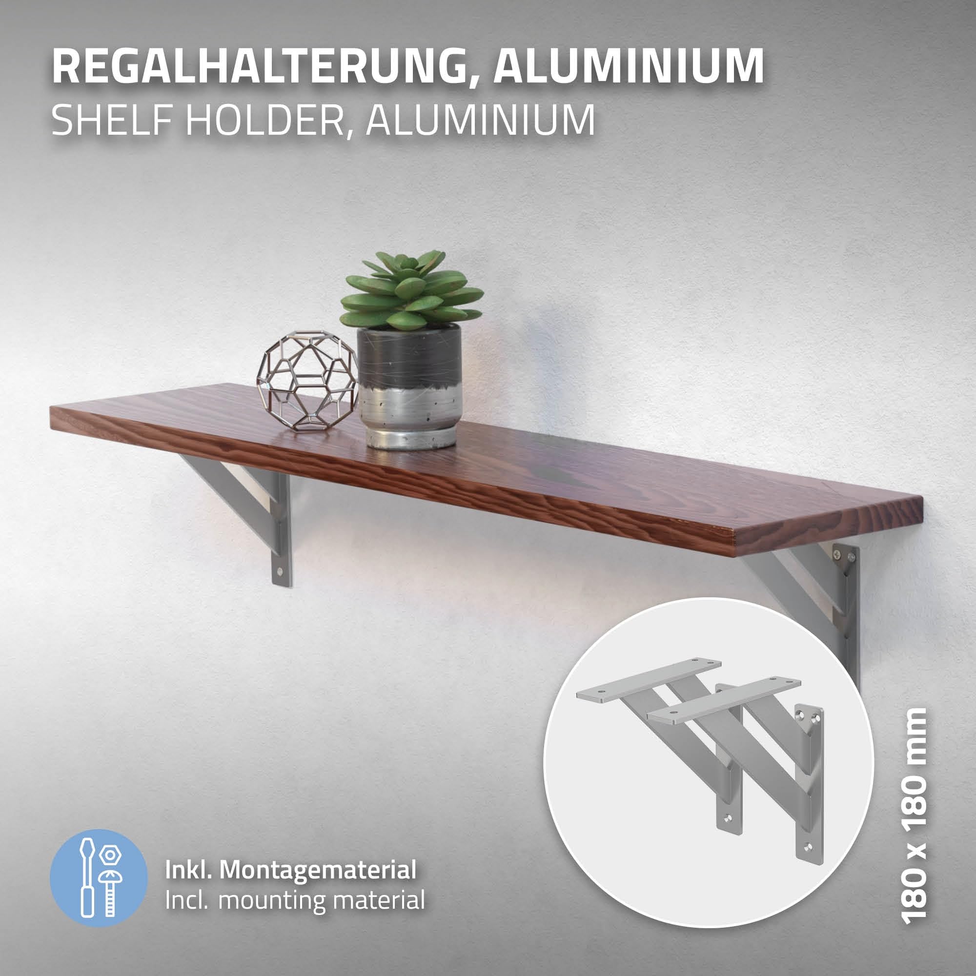 ML-Design Set de 4X Soporte de Estante 180x180mm Plata de Aluminio Estilo Industrial Ángulos para Estantería de Pared Apto para Tableros, Balda, Repisa Flotante y Proyectos DIY de Bricolaje