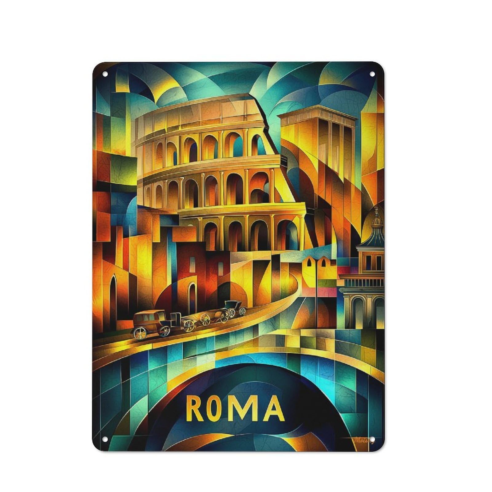 Rome Cubist Heritage – Modern Geometric Colosseum Retro Metal Wall Decor 40x30cm, Vintage Metal Sign for Coffee Bar, Small Shop Or Dining Room