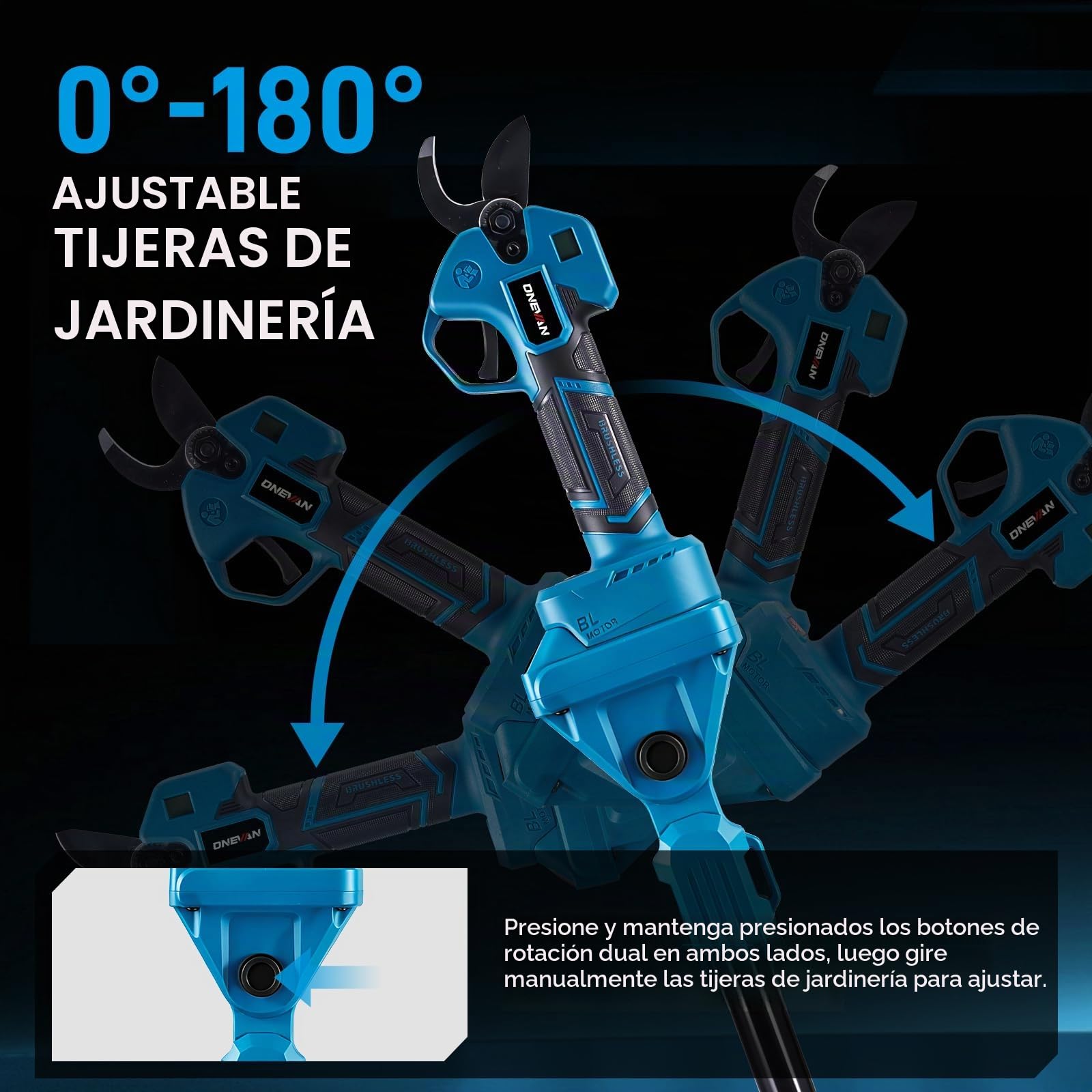 ONEVAN Podadora de Altura y Tijeras de Podar, 4 en 1, con Pértiga 2m | Mini motosierra 6" + tijeras podar 35mm, ajustable 180°, SK5, pantalla LED, sin escobillas, ideal para árboles altos