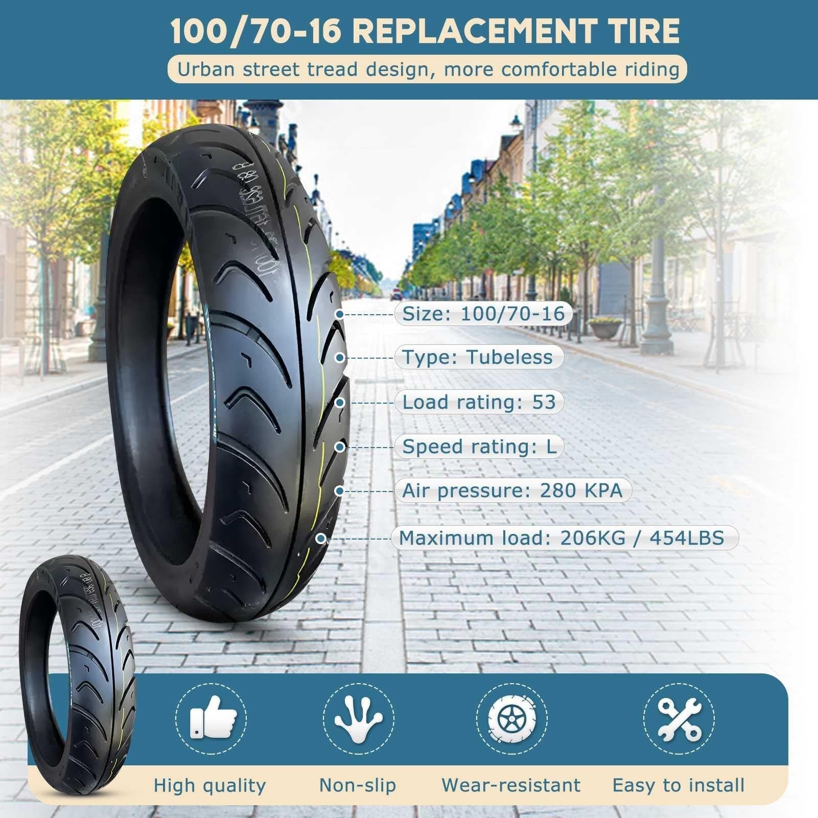 100/70-16 Opona 53L Bezdętkowa do Motocykla Skutera Przód Tył, 100/70/16 Odporna na Przebicia i Pęknięcia do Jazdy Miejskiej 280kPa 6 PR
