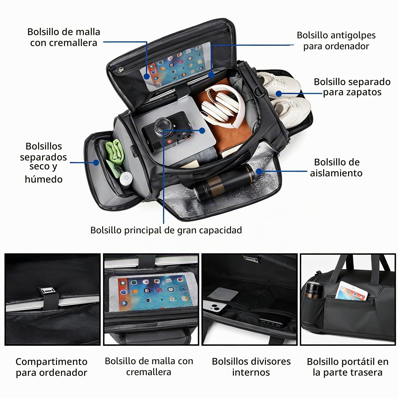 45L Bolsa de Gimnasio Grande Mochila de Lona Deportiva para Hombres y Mujeres, Bolsas de Deporte de Fitness Resistentes al Agua, Bolsa de Viaje de Fin de Semana Durante la Noche