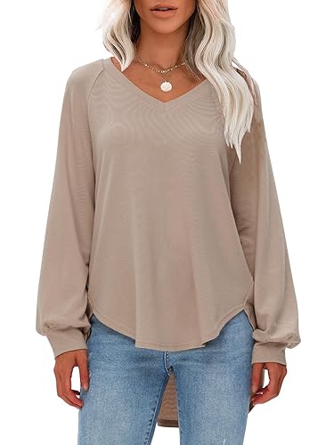 EXLURA Womens Spring Oversized V Neck Tunic Tops 2025 Casual Long Sleeve Shirts Lightweight Soft Sweater Curved Hem T Shirts - Brown - X-Small