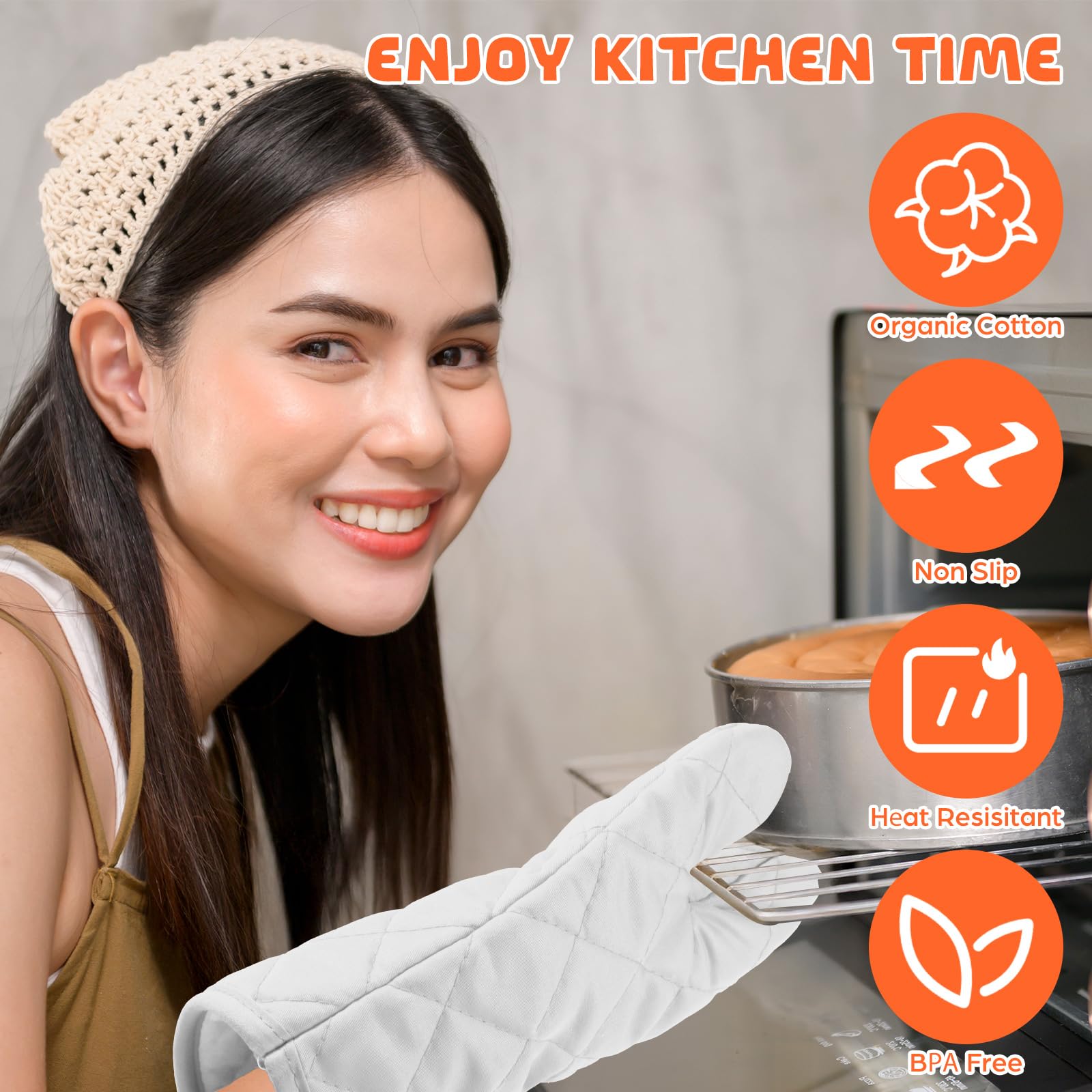 6 pares de guantes de horno resistentes al calor, guantes de cocina de 11 pulgadas de largo, acolchados, de algodón y poliéster, para cocinar, hornear, asar a la parrilla (blanco)
