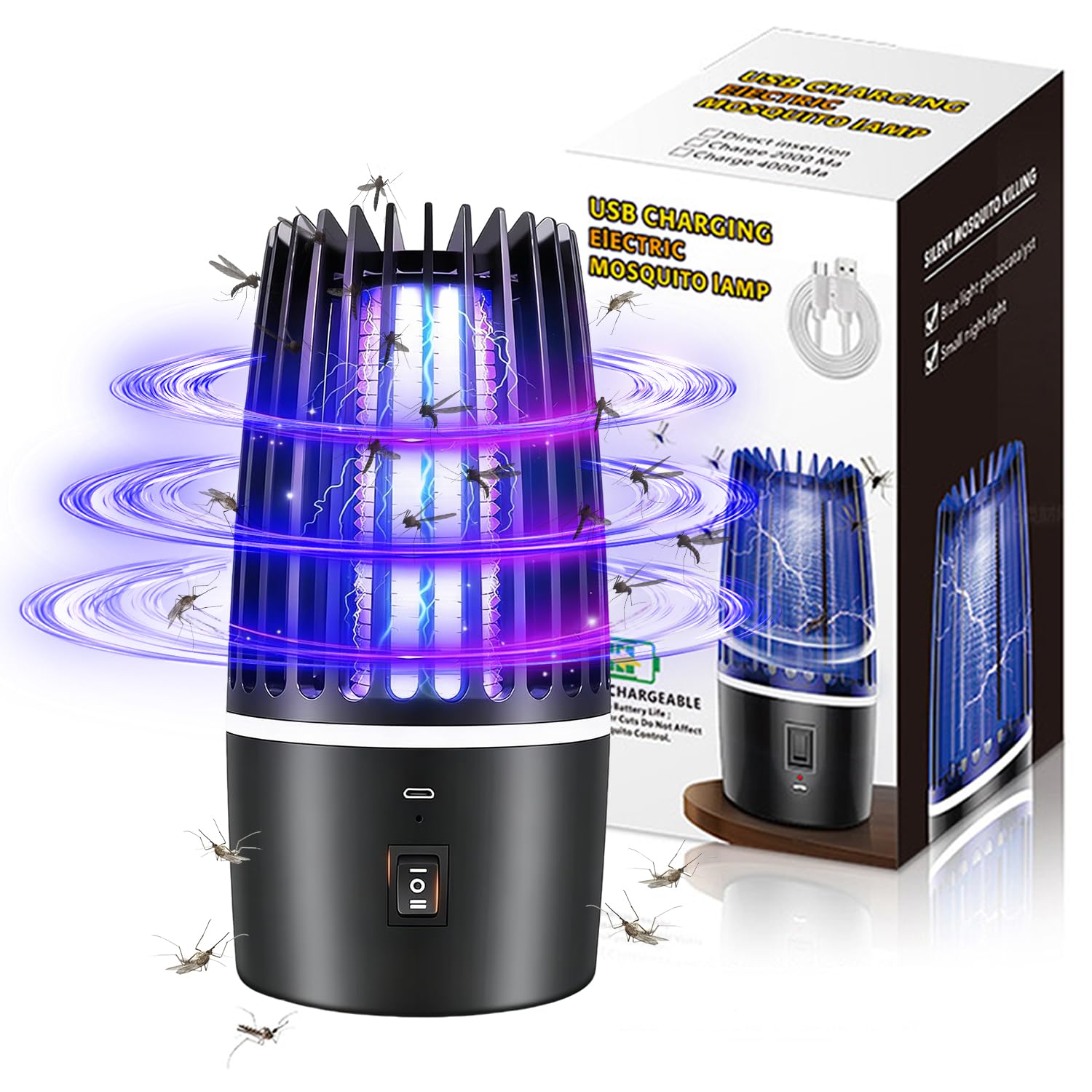 Electric Fly Zapper Mosquito Killer Portable Bug Zapper Indoor/Outdoor 4000mah Mosquito Trap 2 In 1 Rechargeable UV Lamp Fly Killers for Home Garden Backyard Camping