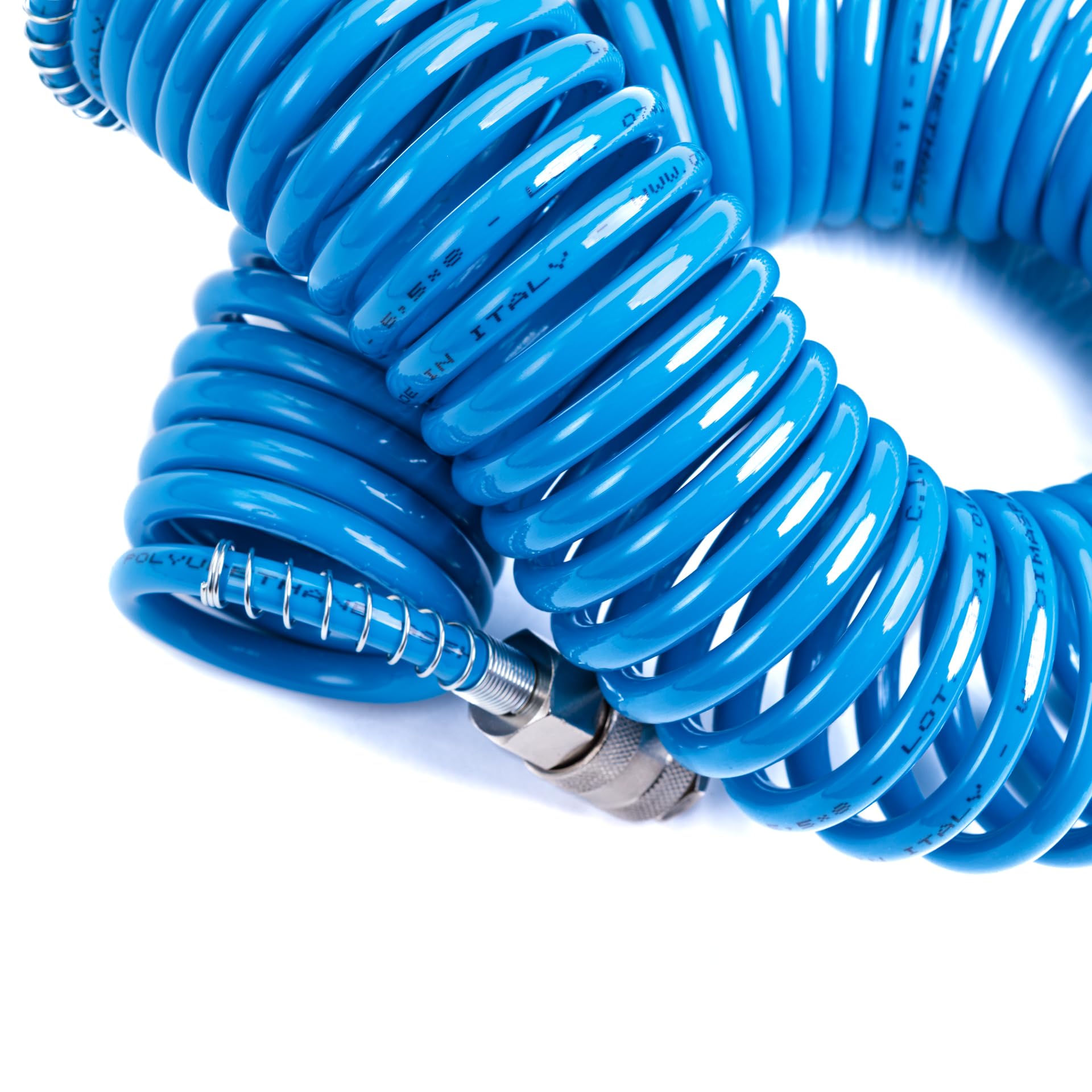 Tubo a spirale per aria compressa in PU poliuretano Ø 5,5 x 8 mm lunghezza 5 mt completo di raccordi ad attacco rapido universale. 100% Made in Italy