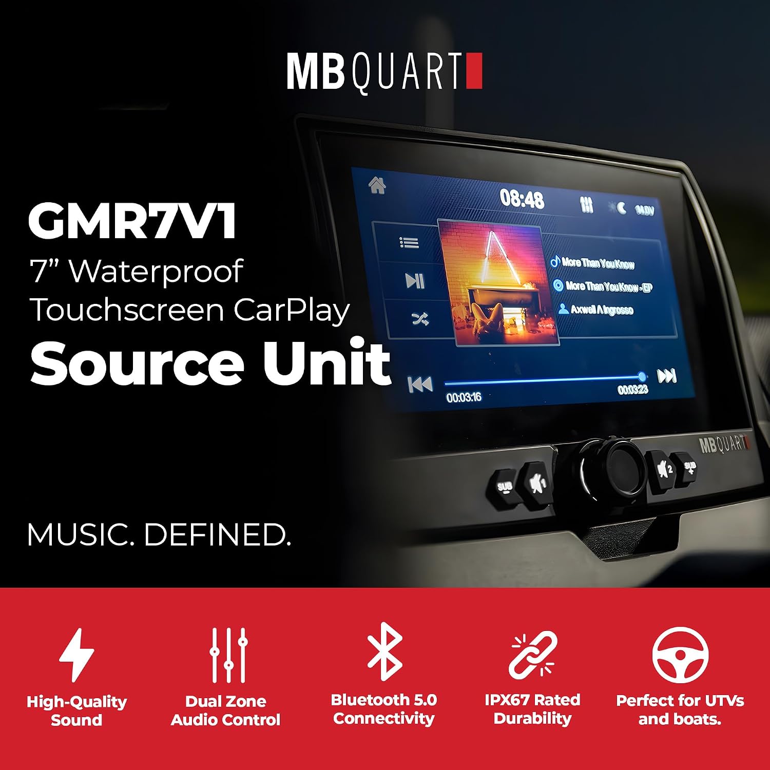 MB Quart Portable Touchscreen Car Stereo Dual Zone Audio System for Boat & UTV, Black